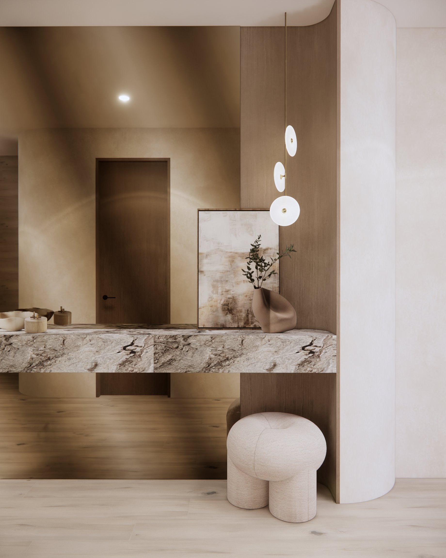 Contemporary entryway with curved cabinetry, neutral textures — Sydney interior design by TID Studio