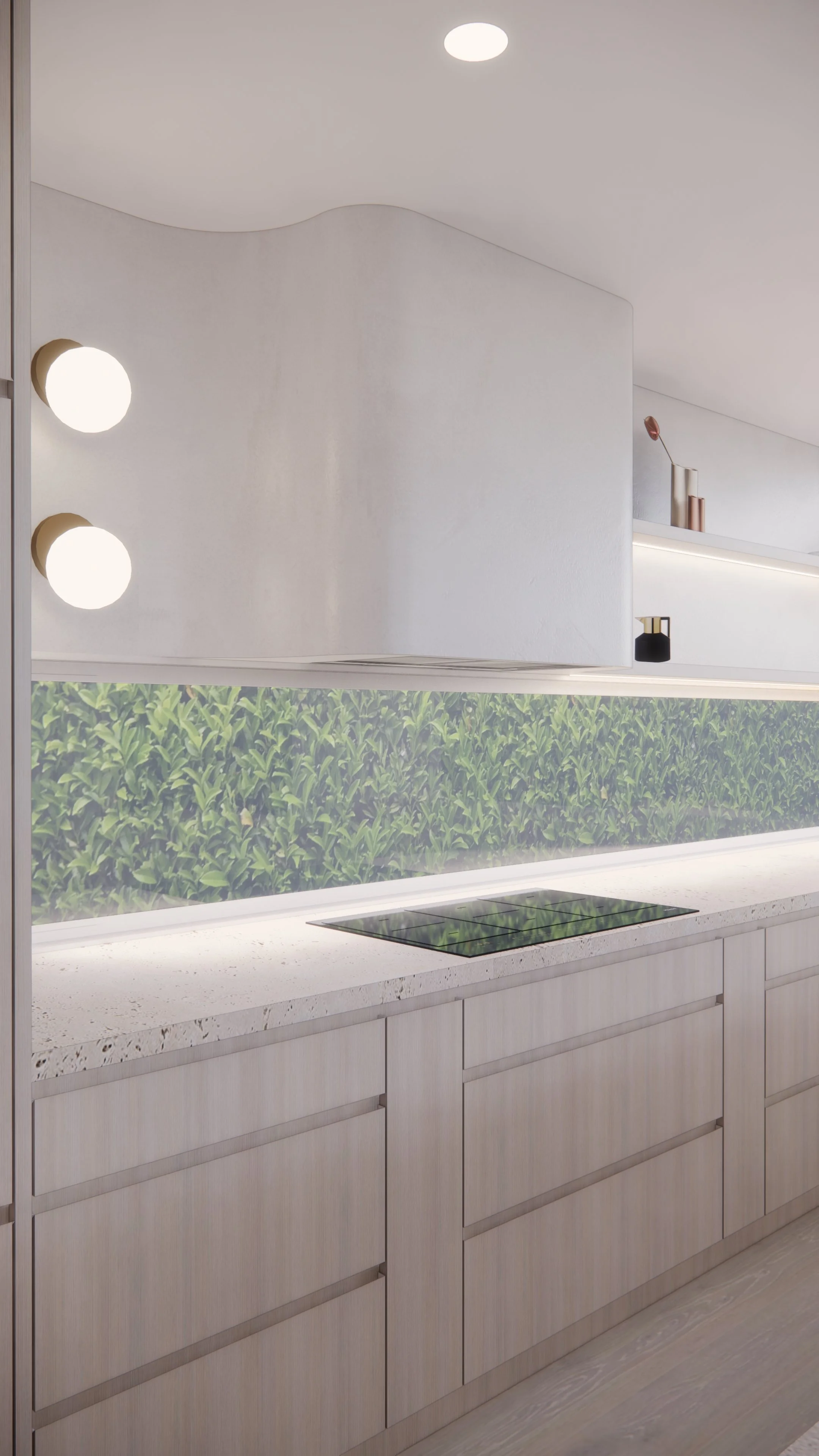 Minimal sculptural rangehood wall in a modern coastal kitchen with soft curves and limestone textures — Auriga Residence by TID Studio, Brisbane