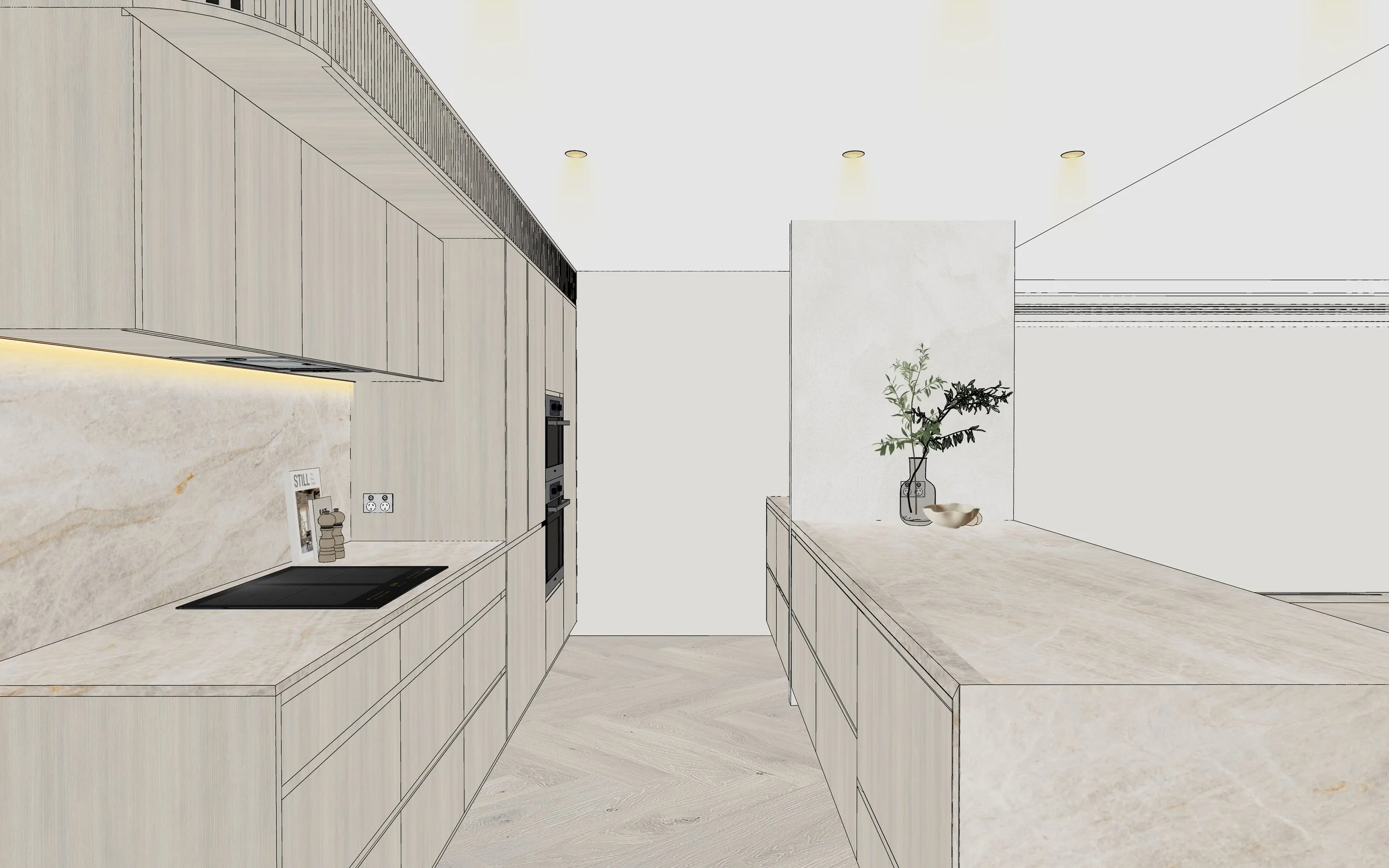 Soft neutral kitchen with ocean views and minimalist joinery by TID Studio