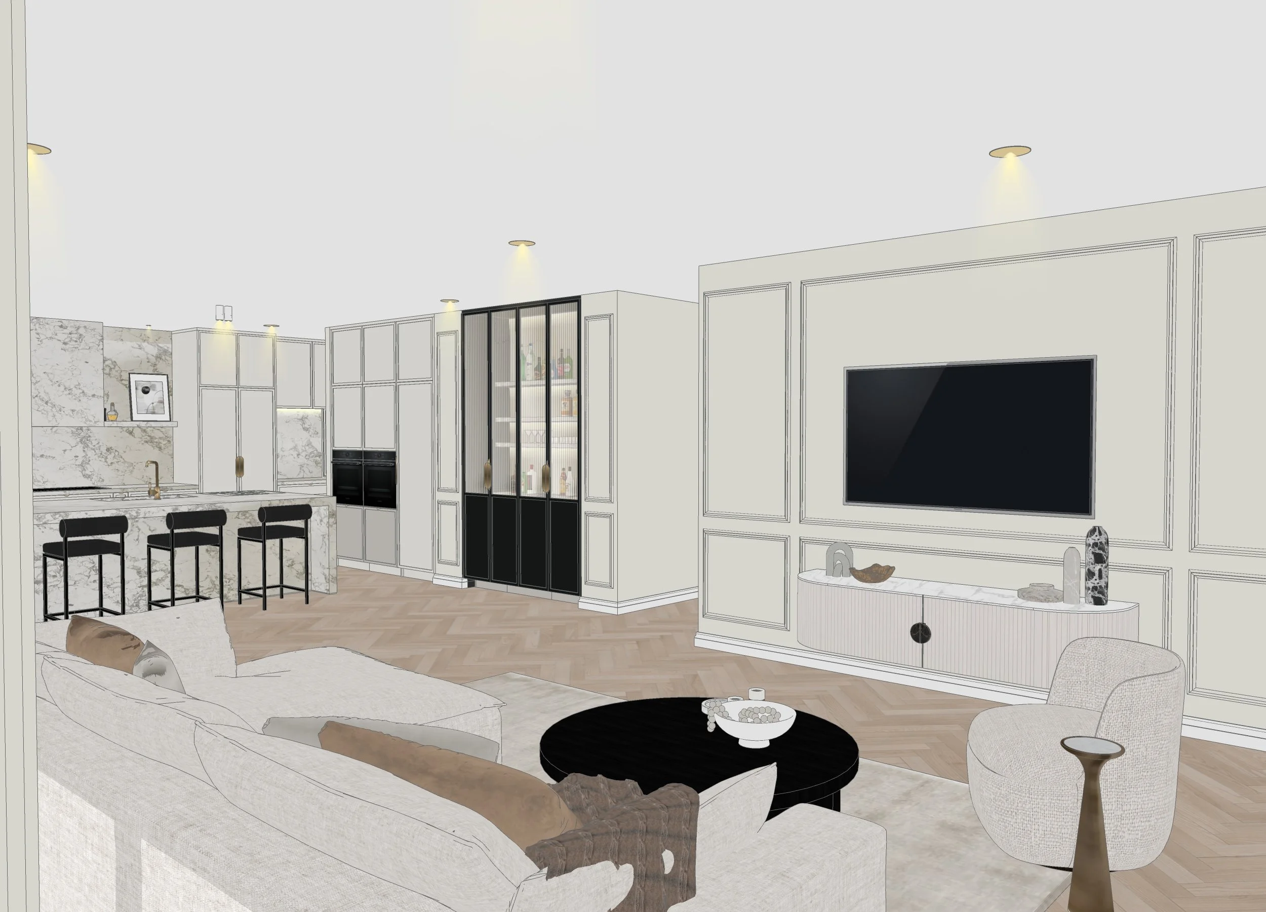 Open-plan living and kitchen space with Parisian-inspired detailing