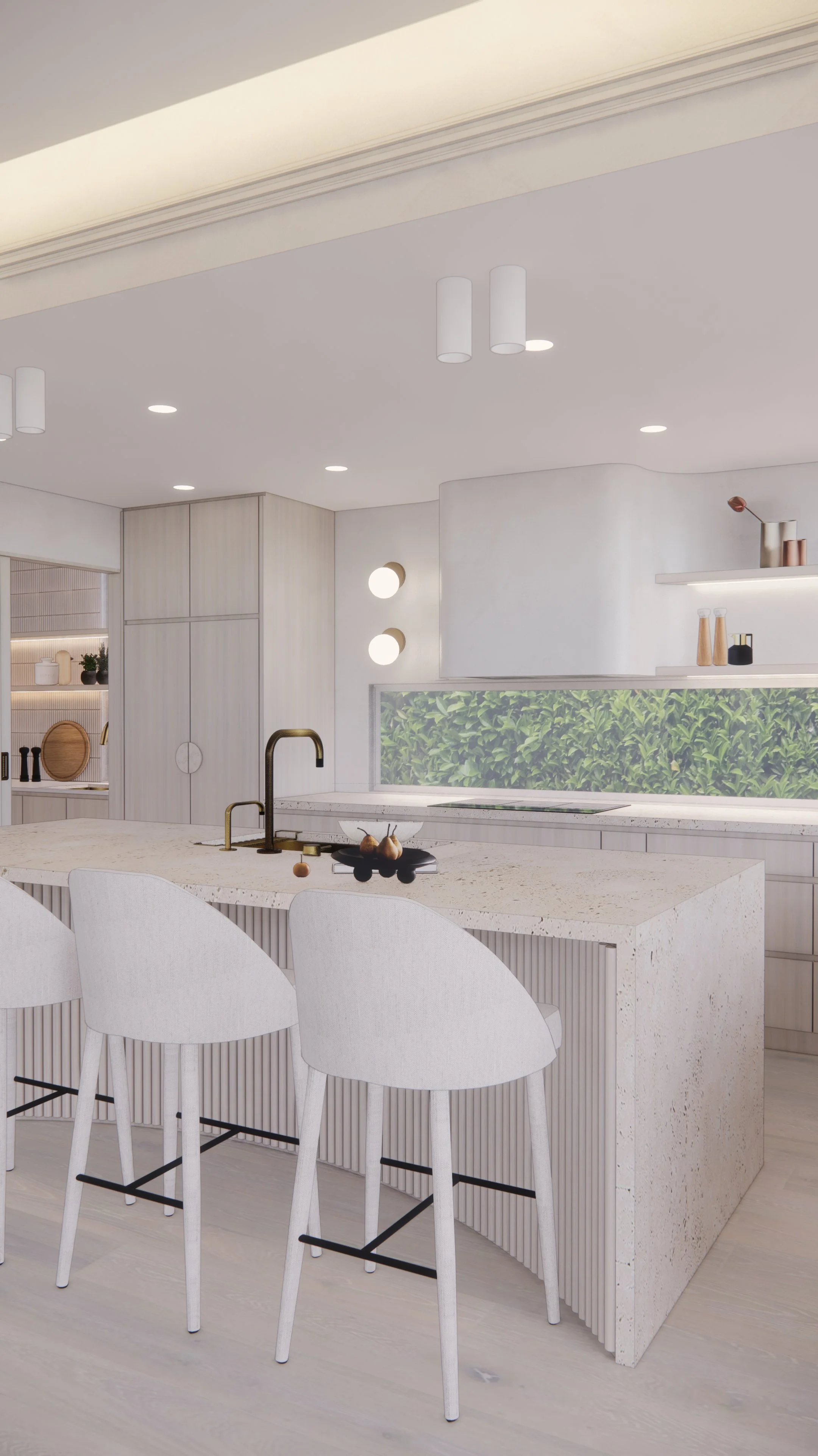 Minimal sculptural rangehood wall in a modern coastal kitchen with soft curves and limestone textures — Auriga Residence by TID Studio, Brisbane