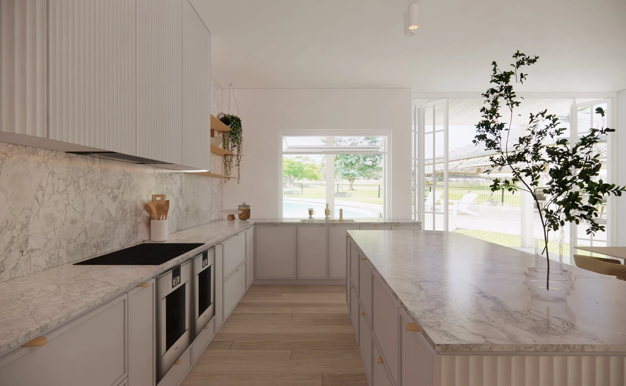 Kitchen servery window and outdoor connection through redesigned window bar in Brisbane home