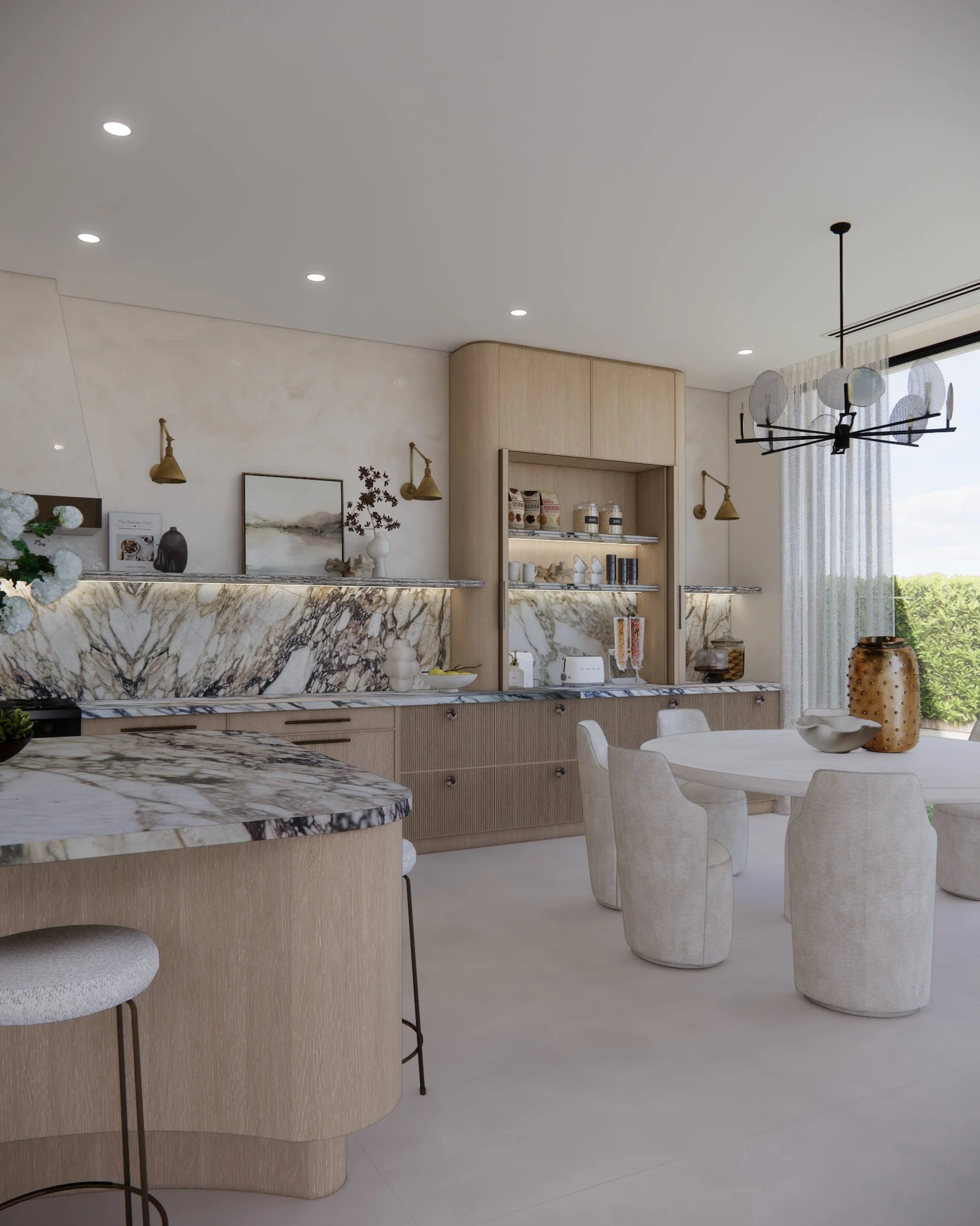 Light-filled kitchen and dining area featuring dramatic marble splashback and sculptural dining chairs in a Sydney new-build