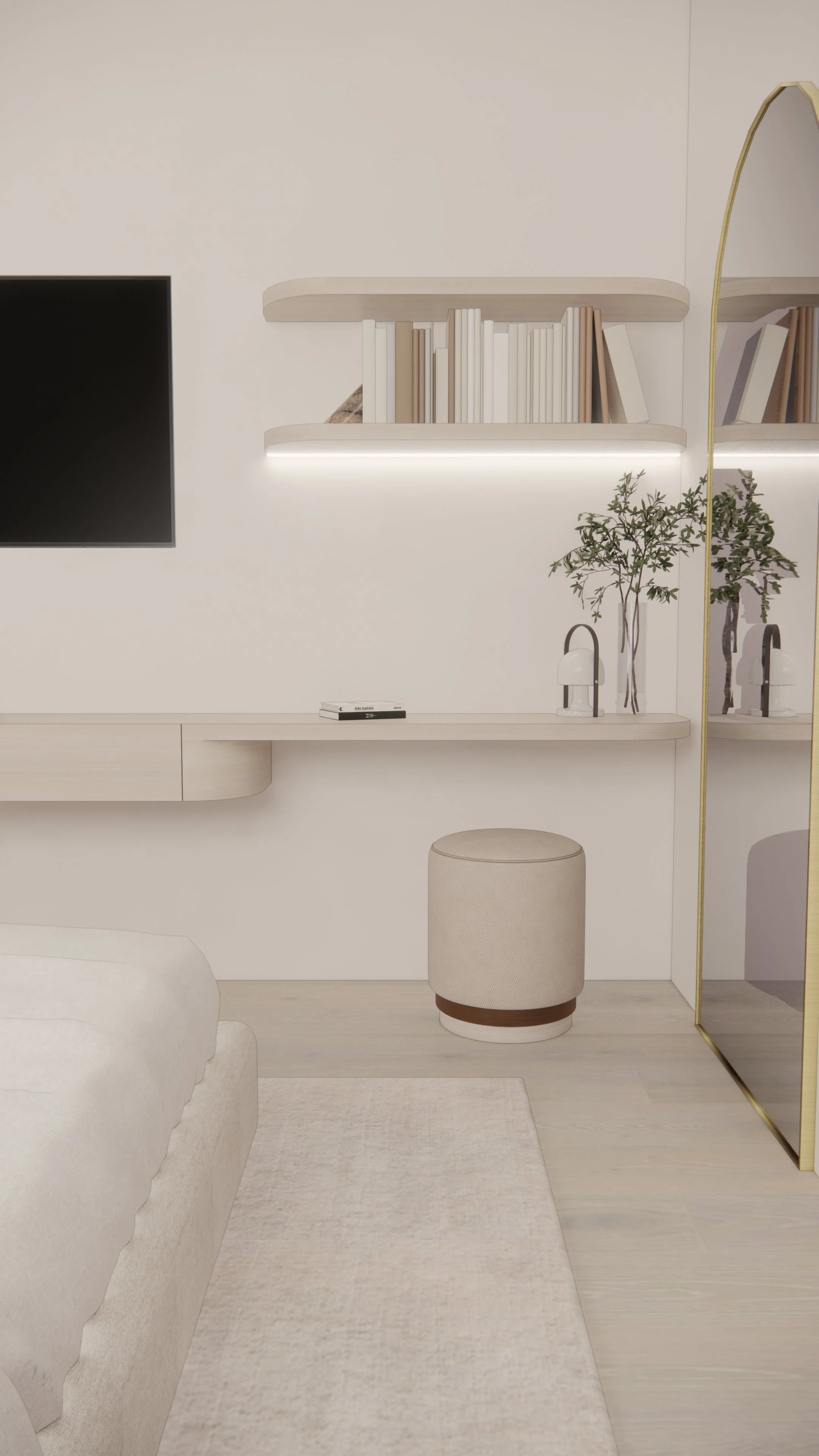 Guest bedroom in neutral tones with soft textures and minimal styling — Auriga Residence by TID Studio, Brisbane