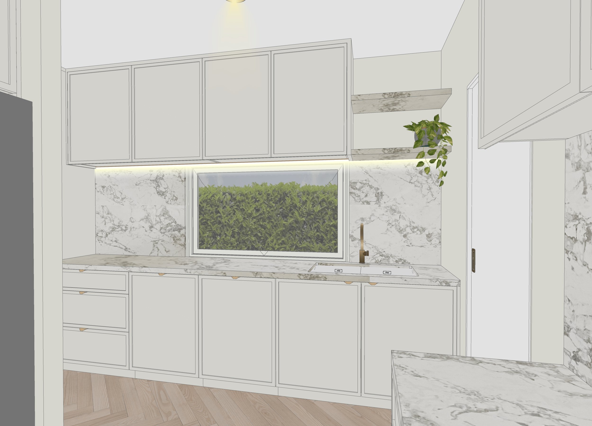 Butler’s pantry with stone shelf and concealed storage joinery