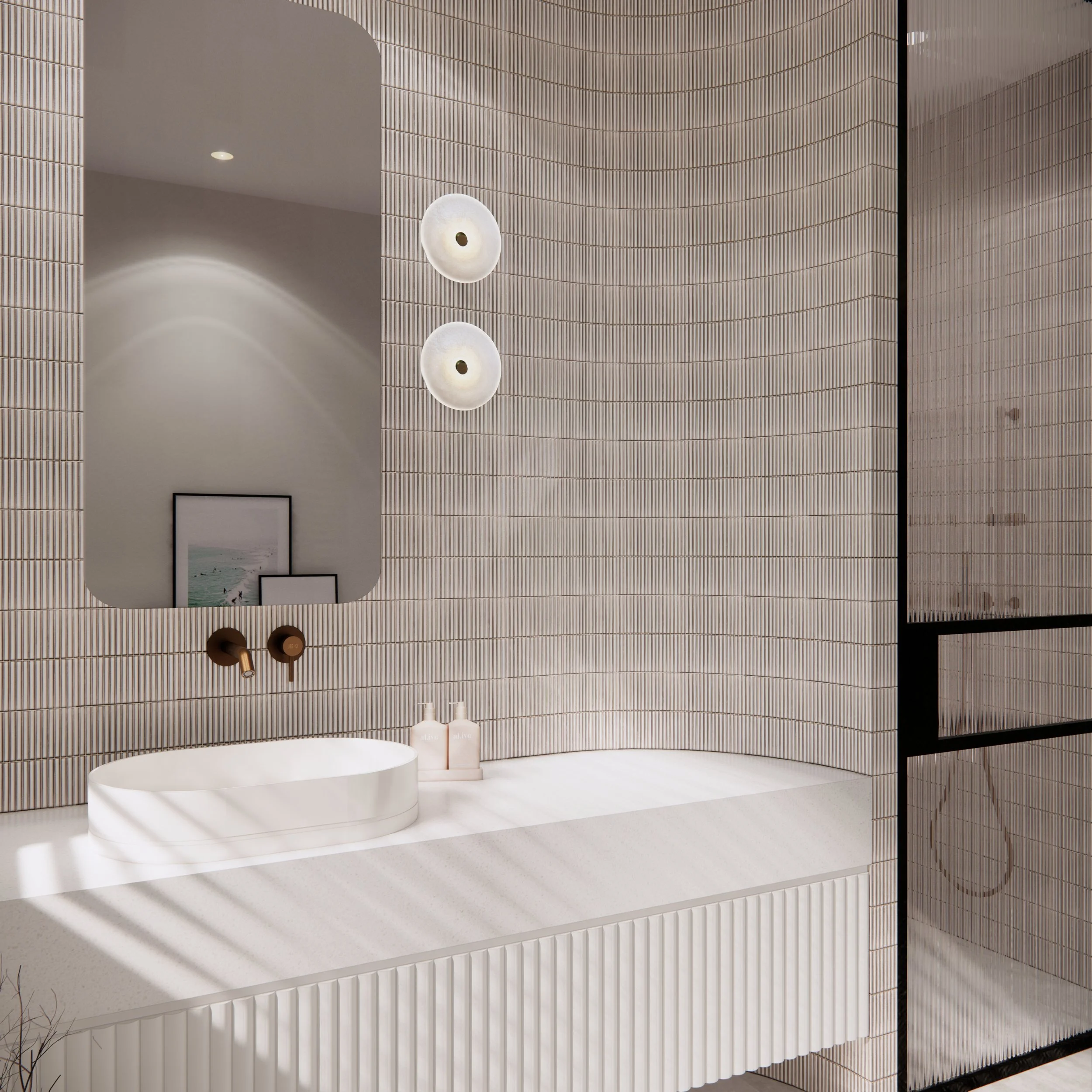 Floating white vanity with fluted front and oval basin in a coastal bathroom renovation by TID Studio