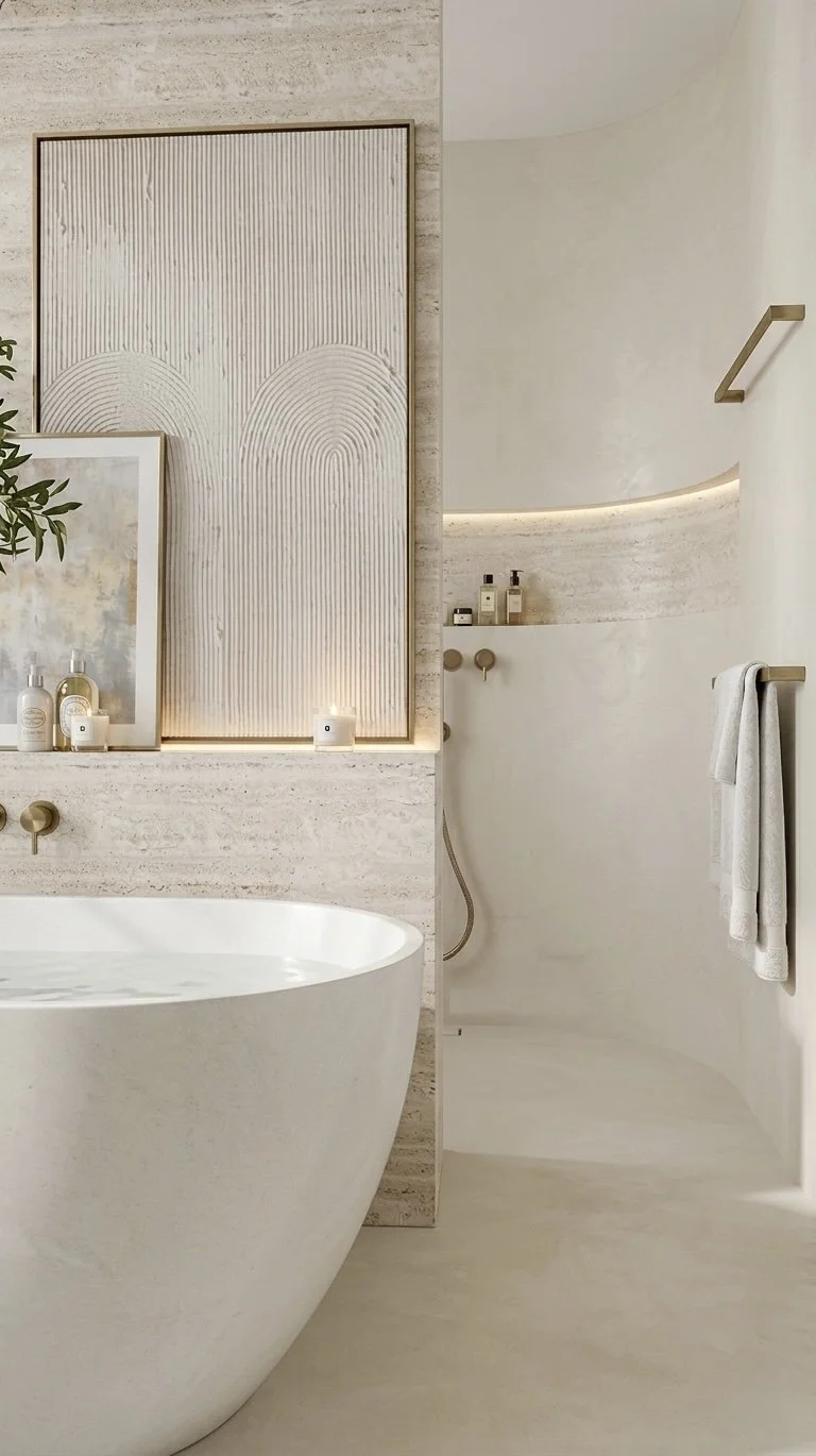 Neutral coastal ensuite with freestanding bath, travertine feature ledge, soft render walls and brushed brass tapware