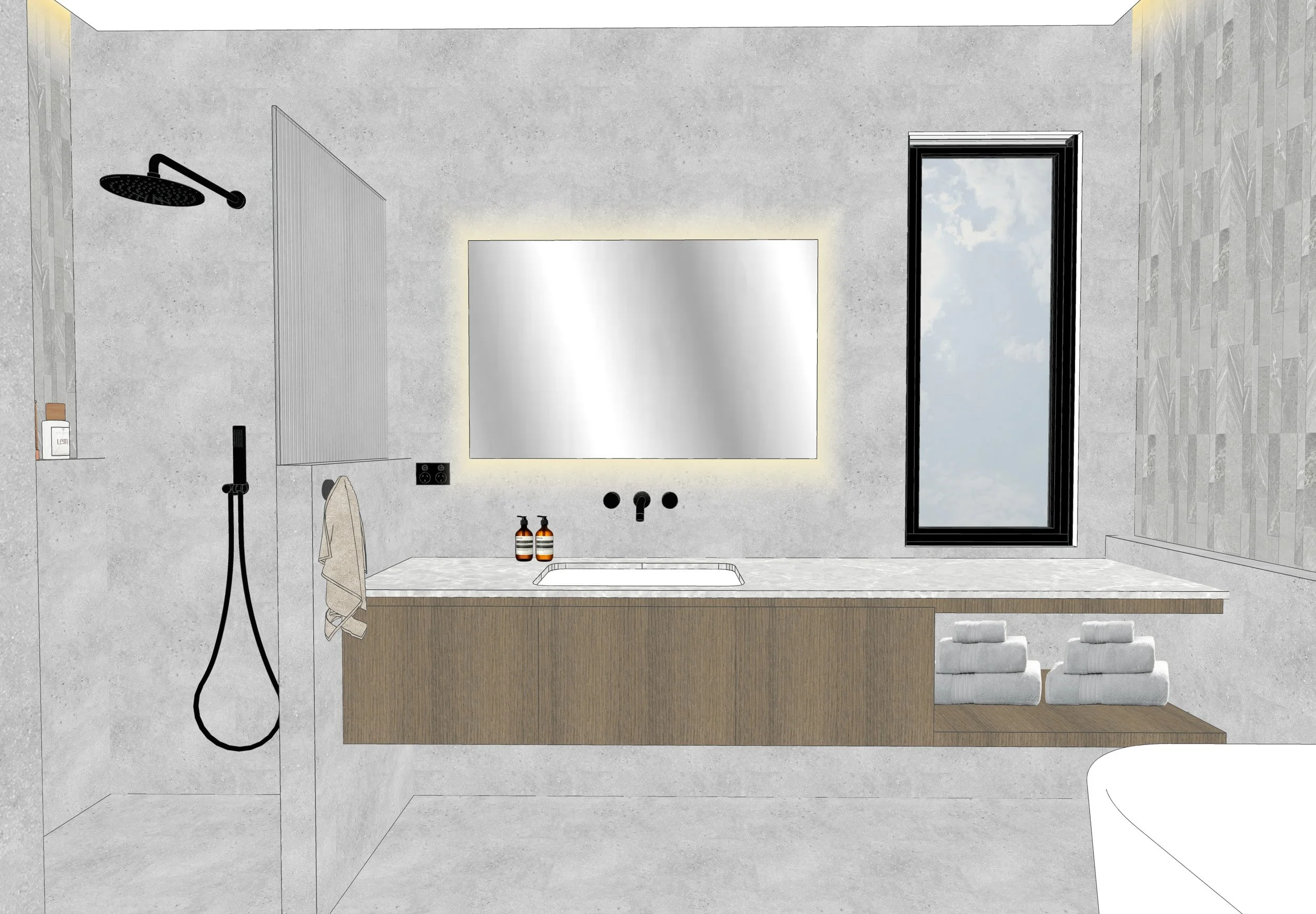 Modern grey stone master bathroom design with floating vanity and minimal black tapware — Caringbah Residence Brisbane
