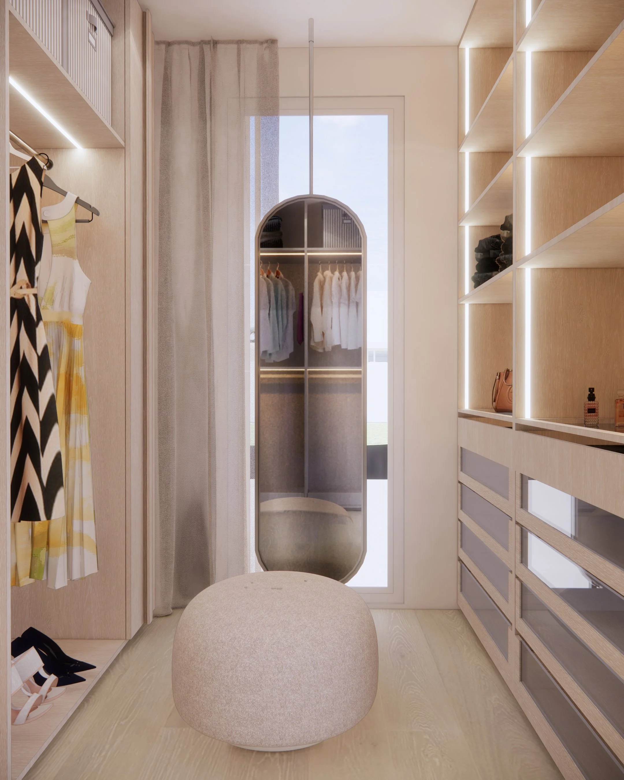 Contemporary built-in WiR with full-height mirror, soft timber joinery, and sculptural pouf seating in a minimal-luxe Melbourne home.