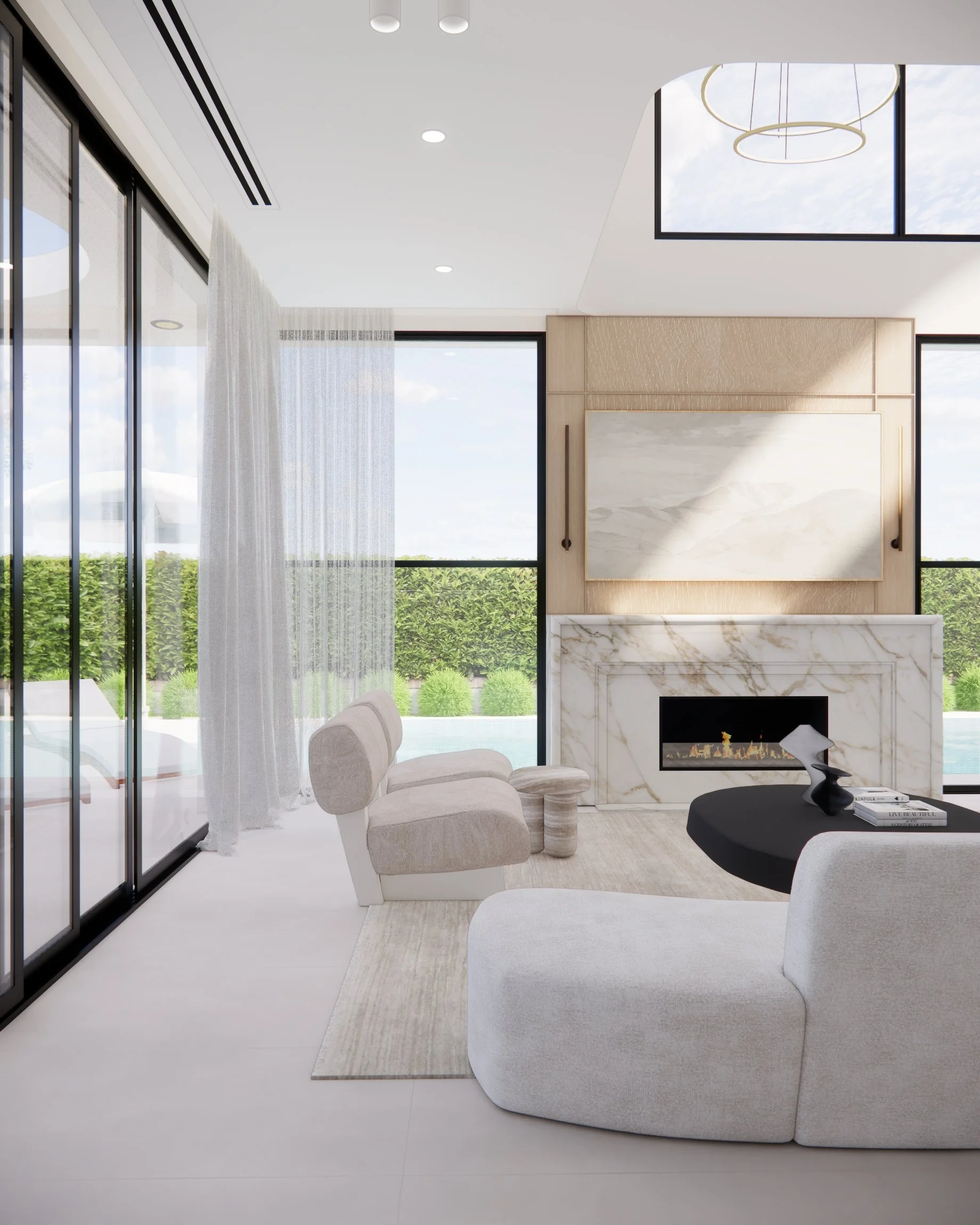 Contemporary living room with marble fireplace, curved staircase, and oversized neutral seating in a Sydney new-build