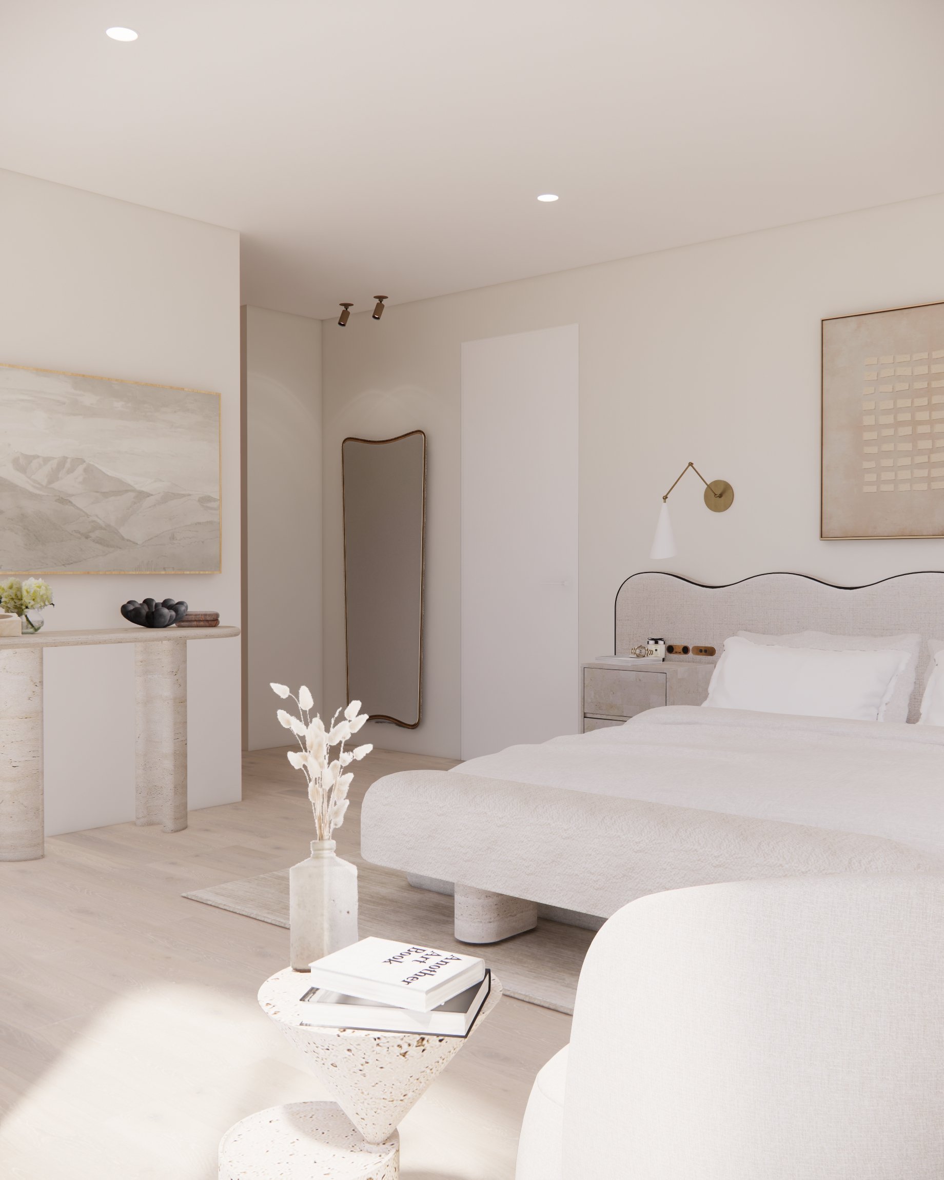 Soft neutral primary bedroom with custom curved headboard, sheer drapery, and warm minimal styling designed by TID Studio in Sydney