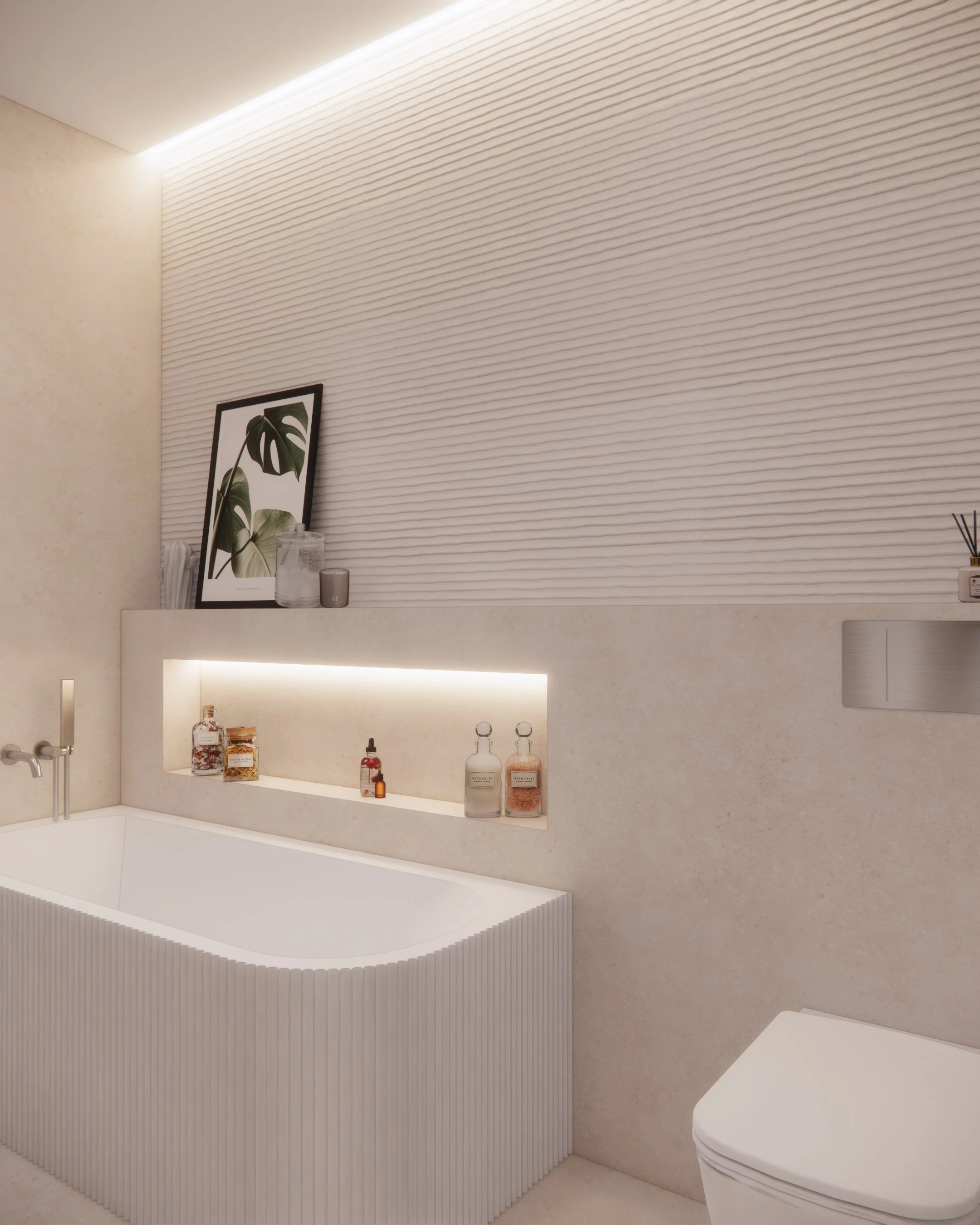 Contemporary kid's bathroom with double vanity, enclosed shower, and bathtub with a niche