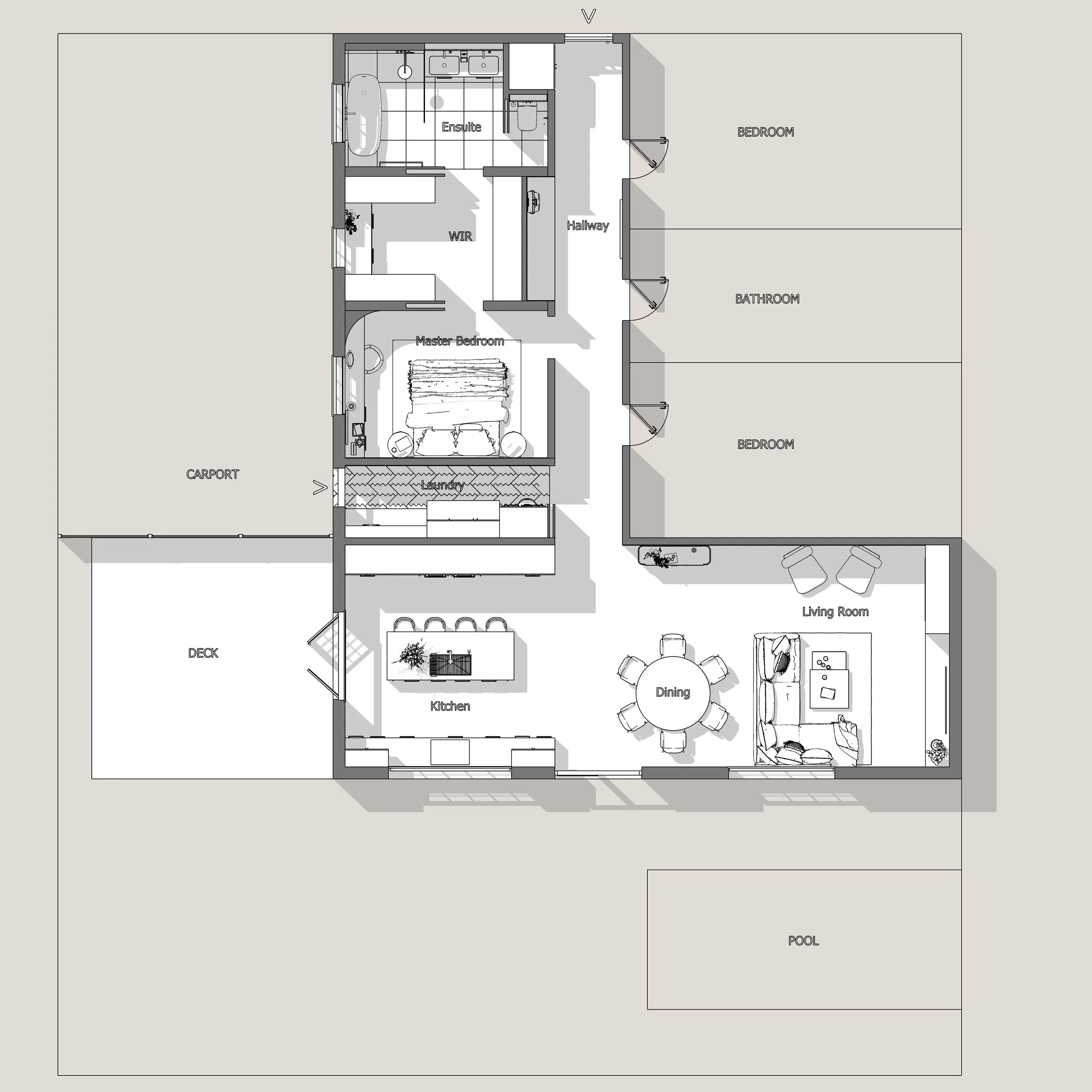 House renovation floor plan showing a reconfigured primary suite, walk-in robe and entry storage designed by TID Studio