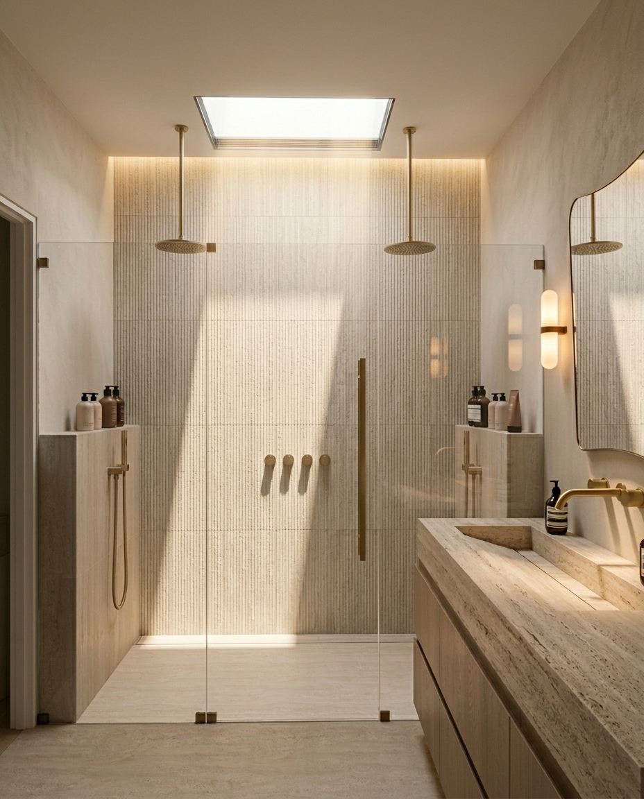 Luxury ensuite featuring a double shower beneath a skylight with natural stone finishes, designed by TID Studio Sydney