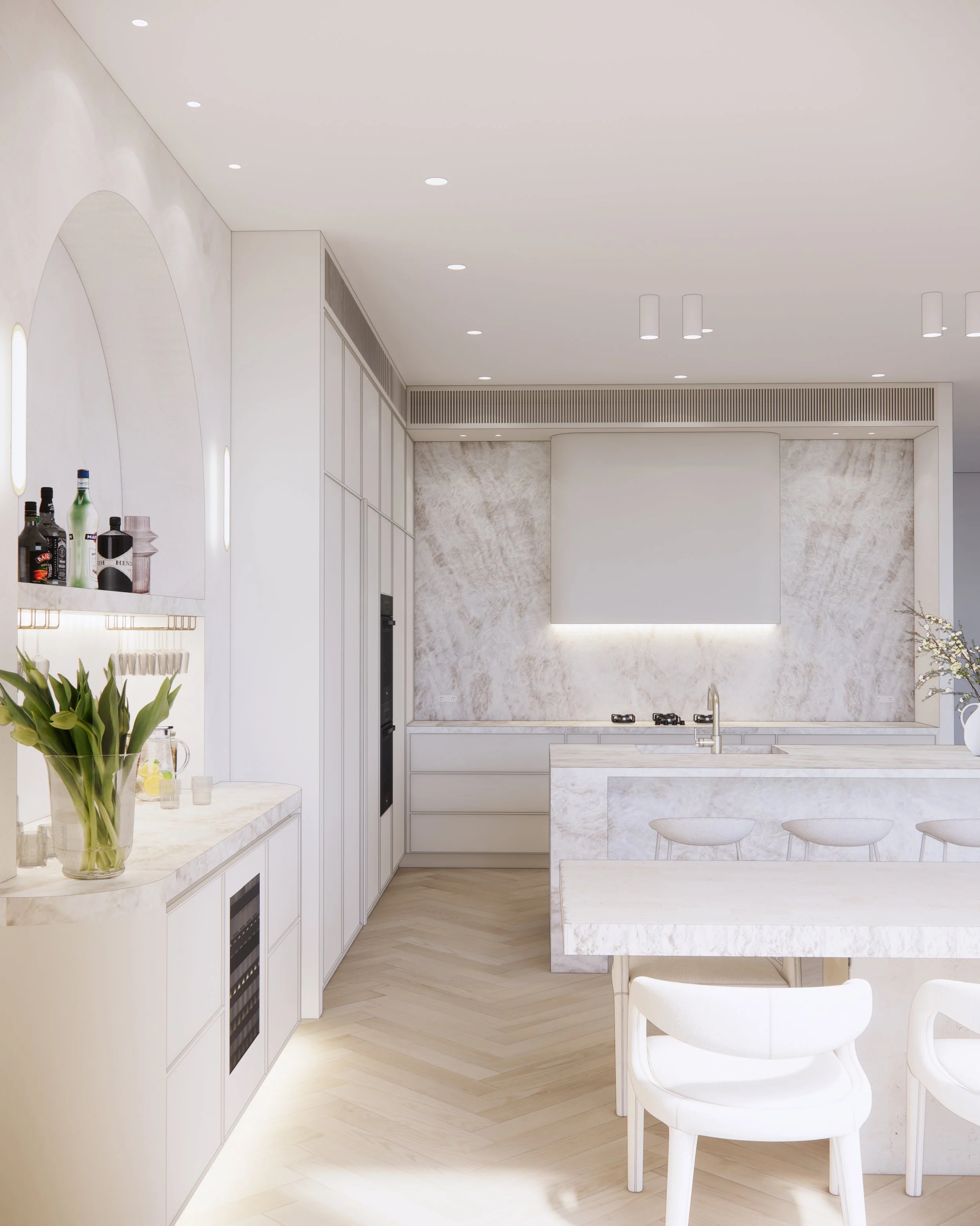 Minimal luxe Melbourne kitchen with stone island and full-height cabinetry by TID Studio