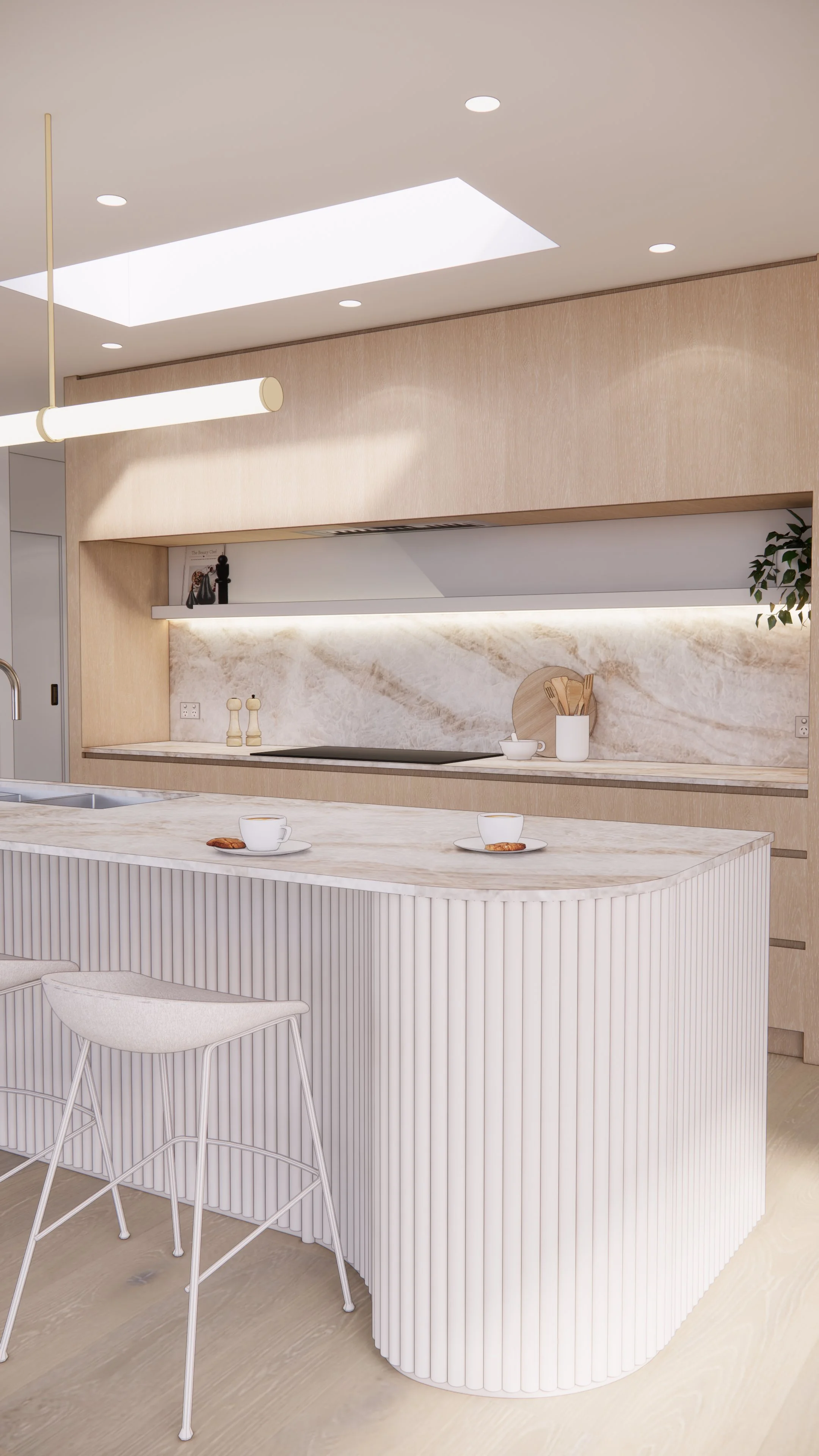 Neutral-toned pantry design with marble splashback and soft lighting, showcasing TID Studio’s minimal luxe aesthetic
