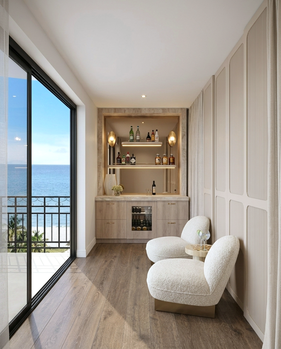 Modern kitchen, stone island with timber dinging table and bar, condo remodel in Miami, designed by TID Studio 
