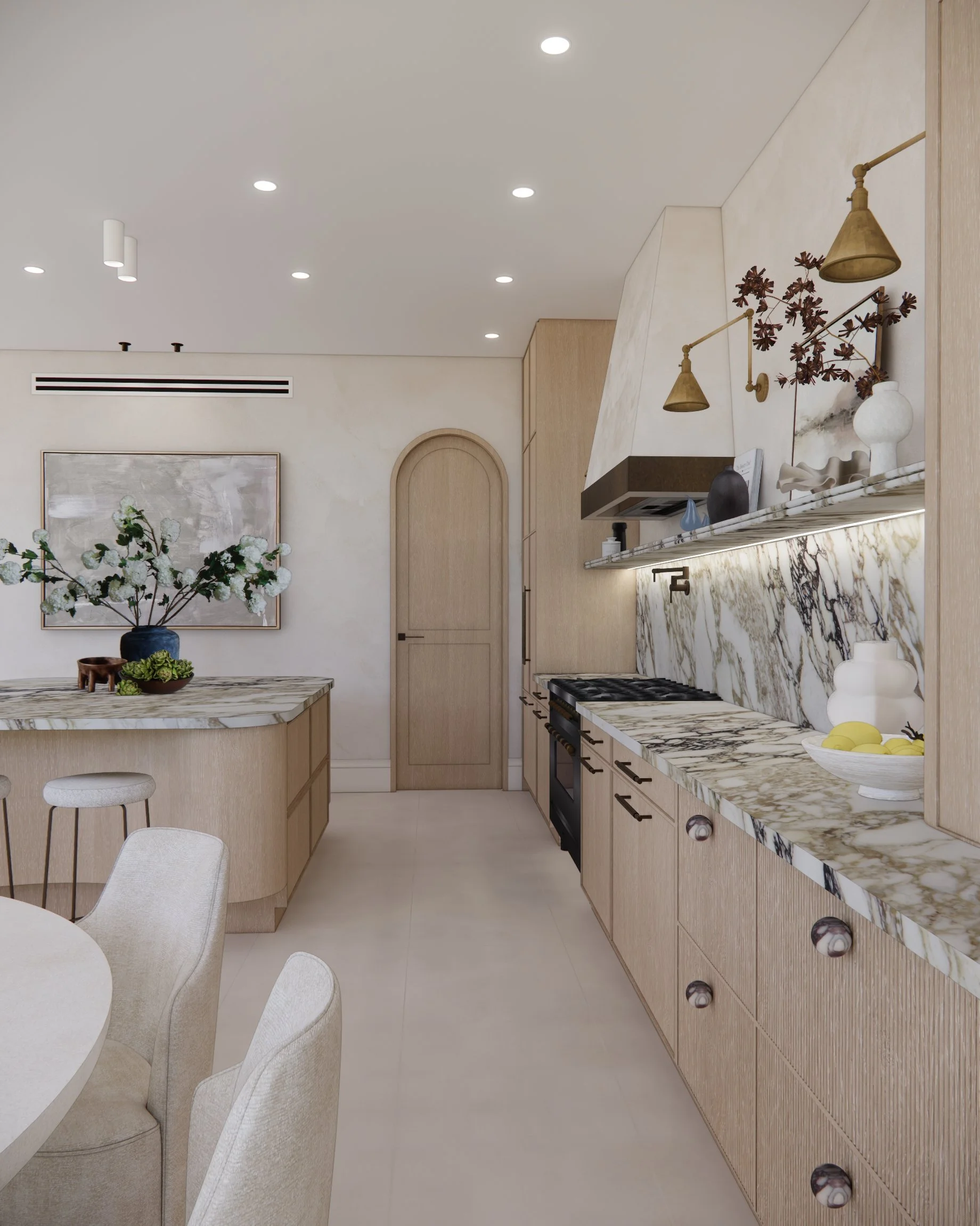 Sculptural kitchen with Calacatta Viola marble island, pale timber joinery, and brass wall lights in a contemporary Sydney home
