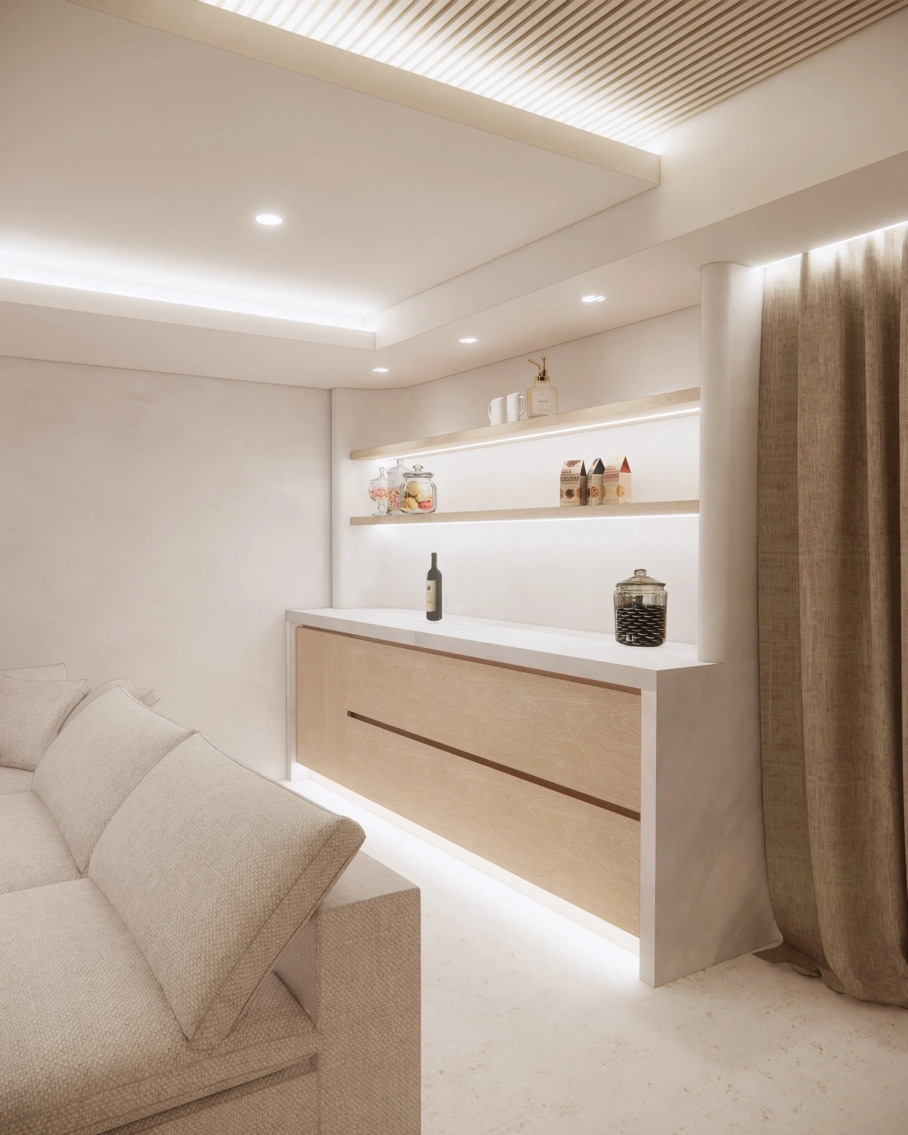 Minimal luxe bar area with textured stone, open shelves, and soft ambient lighting in Sydney