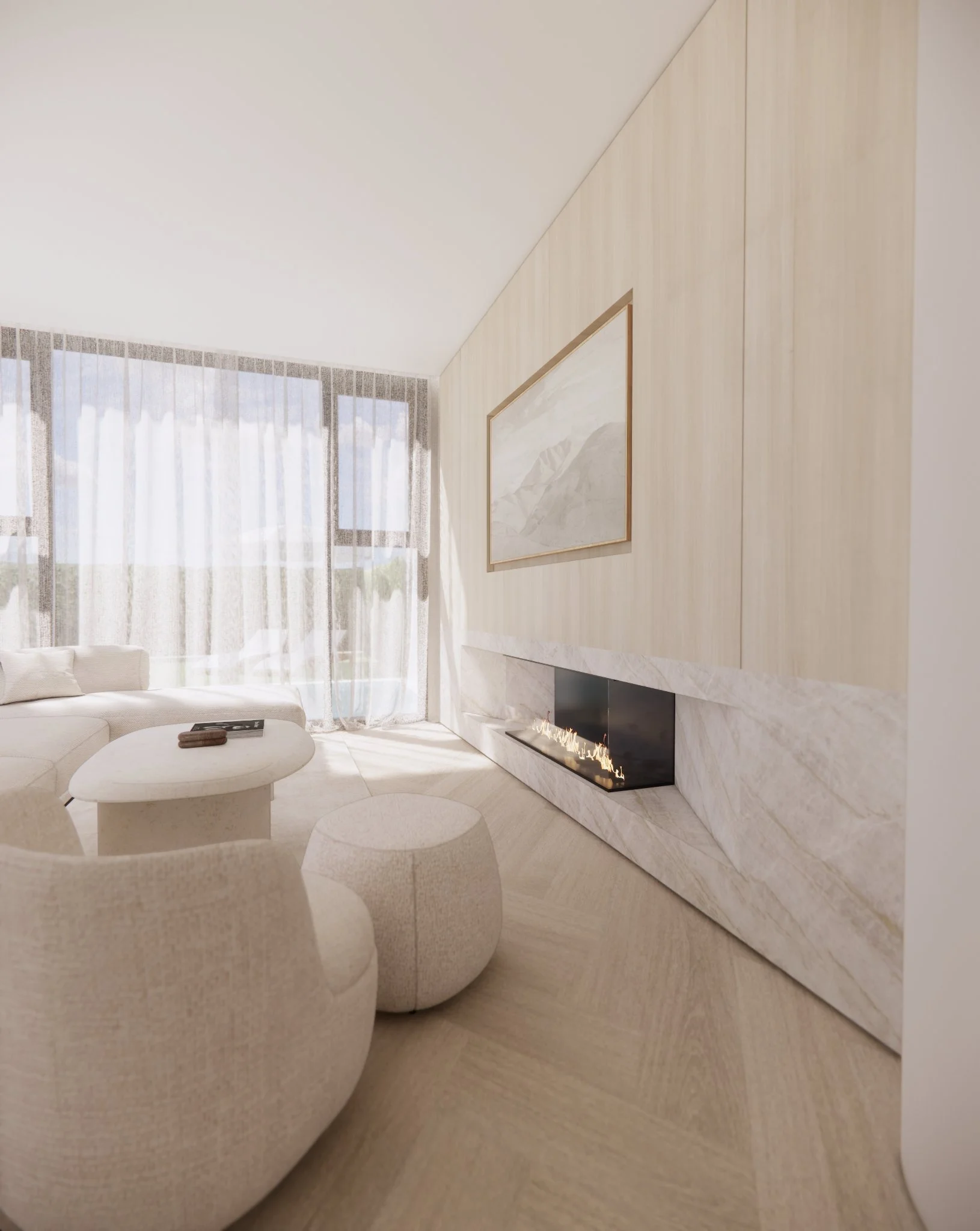 Neutral-toned living room with soft curves, low-profile furniture, and gentle layered lighting
