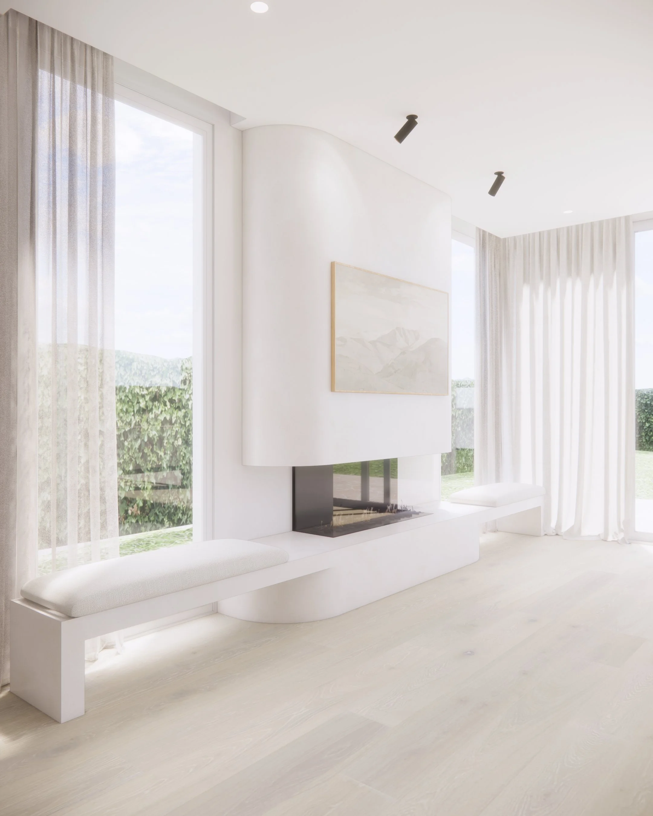 Minimal living room featuring a sculpted plaster fireplace, long stone hearth, and sheer curtains.