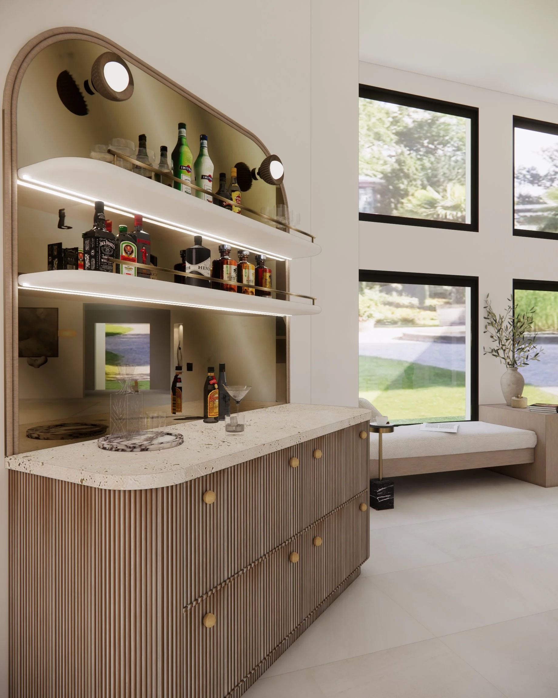 Modern minimal family room with sculpted plaster fireplace and seating bench and bar in Miami, Florida