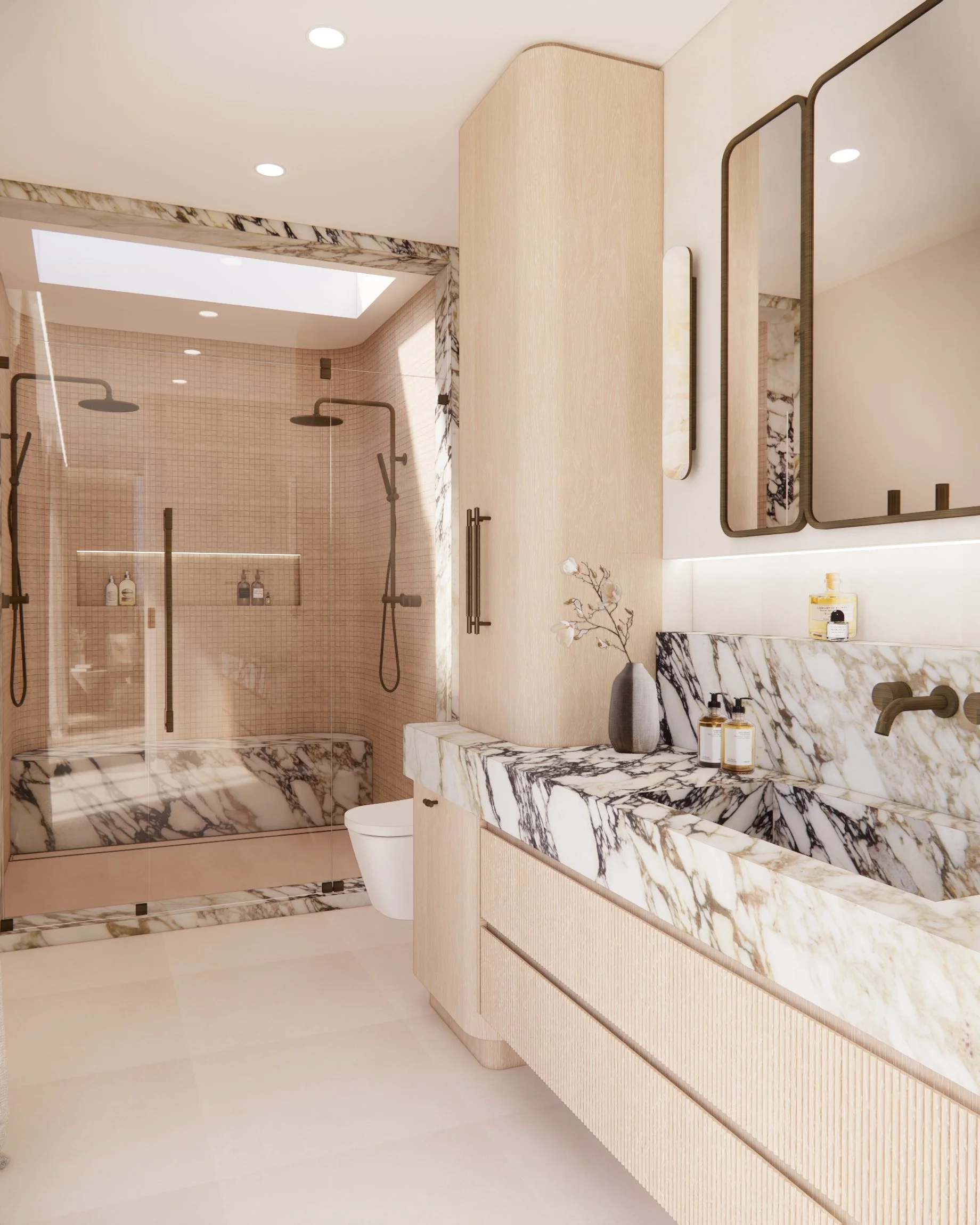 Luxury primary bathroom with carved marble vanity, double shower, and warm minimal finishes in Sydney