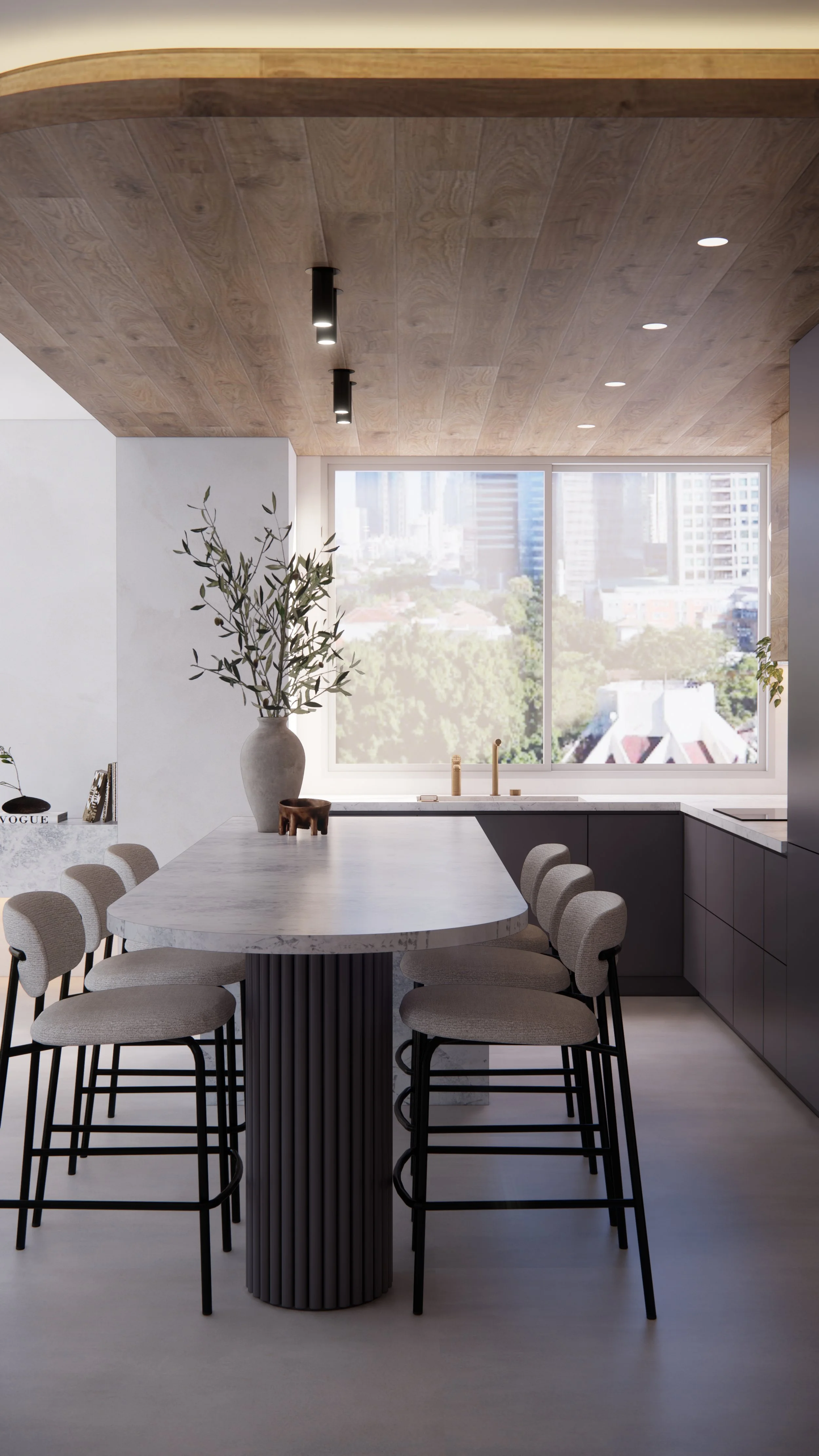 Fluted island leg detail with natural stone benchtop in contemporary coastal kitchen