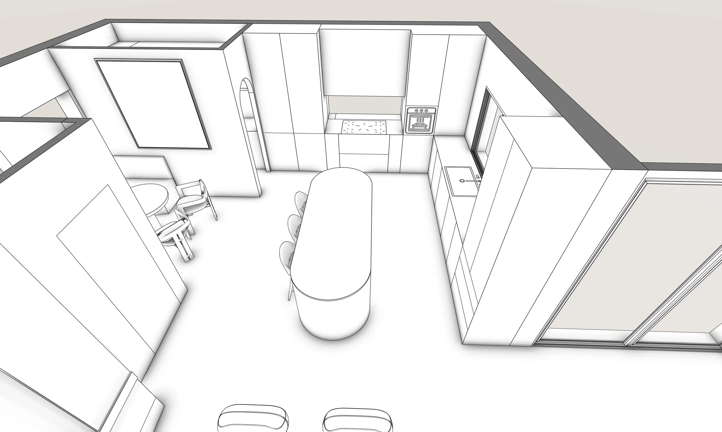 Virtual design concept presentation by TID Studio , 3-D model of the kitchen, proposed floor plan options