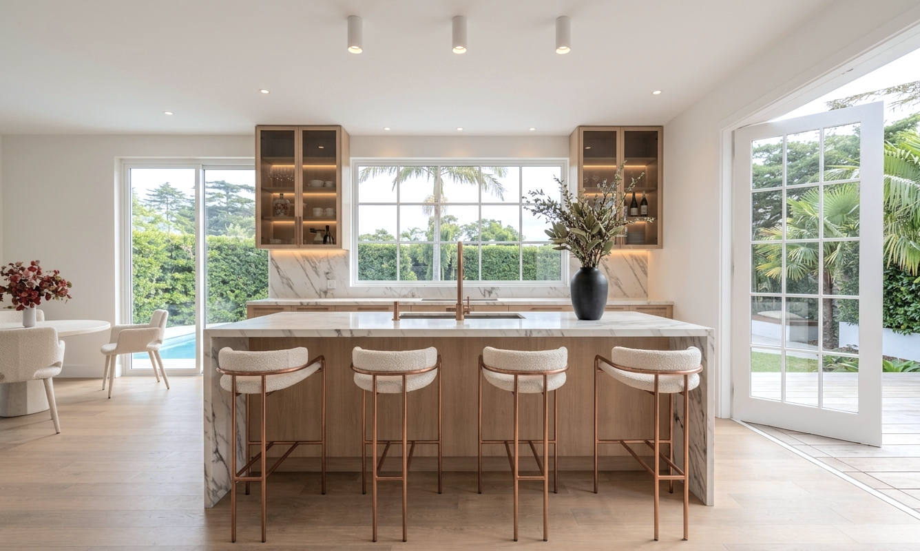 Modern farmhouse kitchen with oak cabinetry, natural stone island and brushed brass details designed by TID Studio in Brisbane