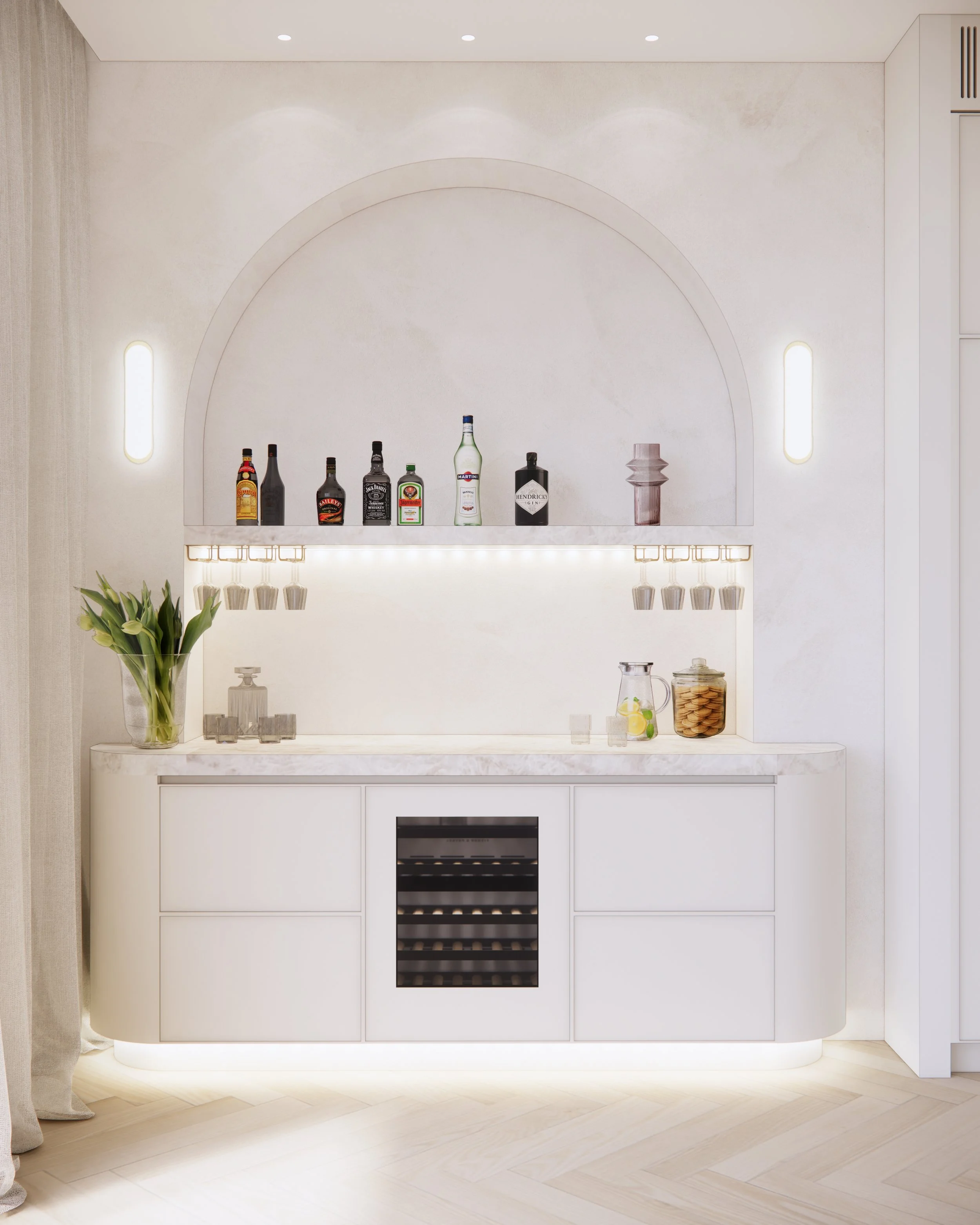 Curved bar alcove with arched detailing, backlit shelving, and stone benchtop