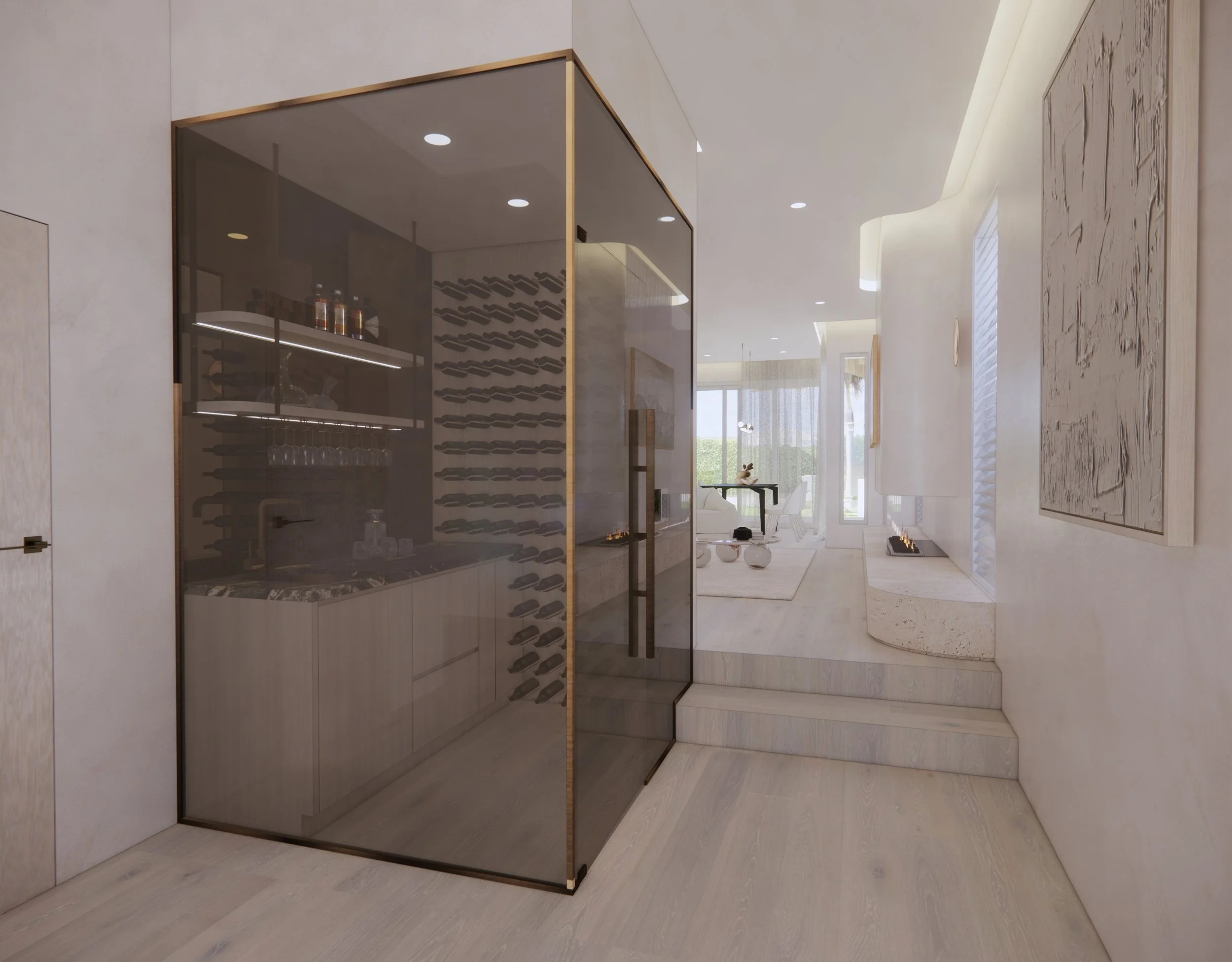 Curved bar cabinetry with illuminated shelving in a modern neutral kitchen — Auriga Residence by TID Studio, Brisbane