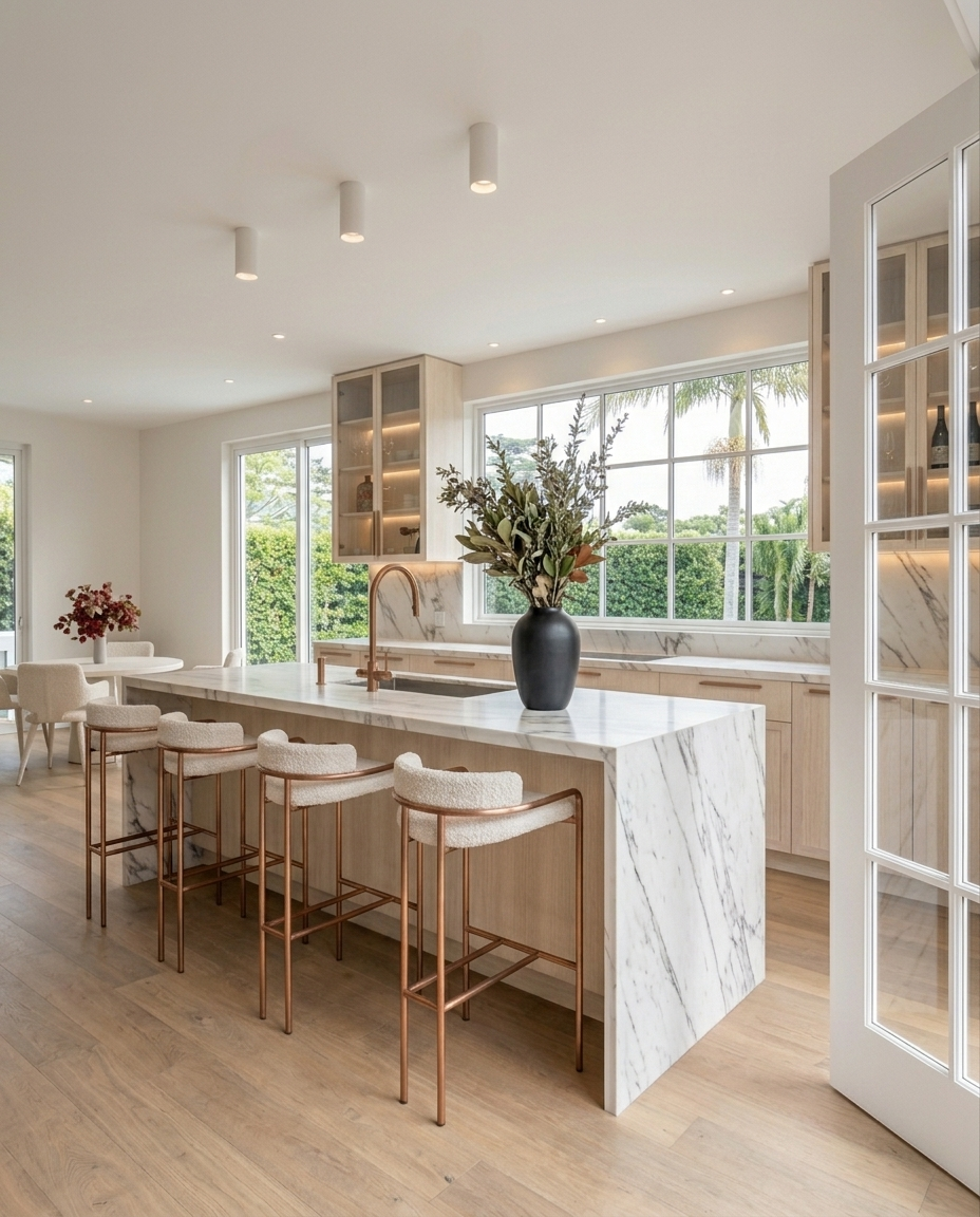 Modern farmhouse kitchen island with waterfall stone benchtop and casual seating in a Brisbane family home