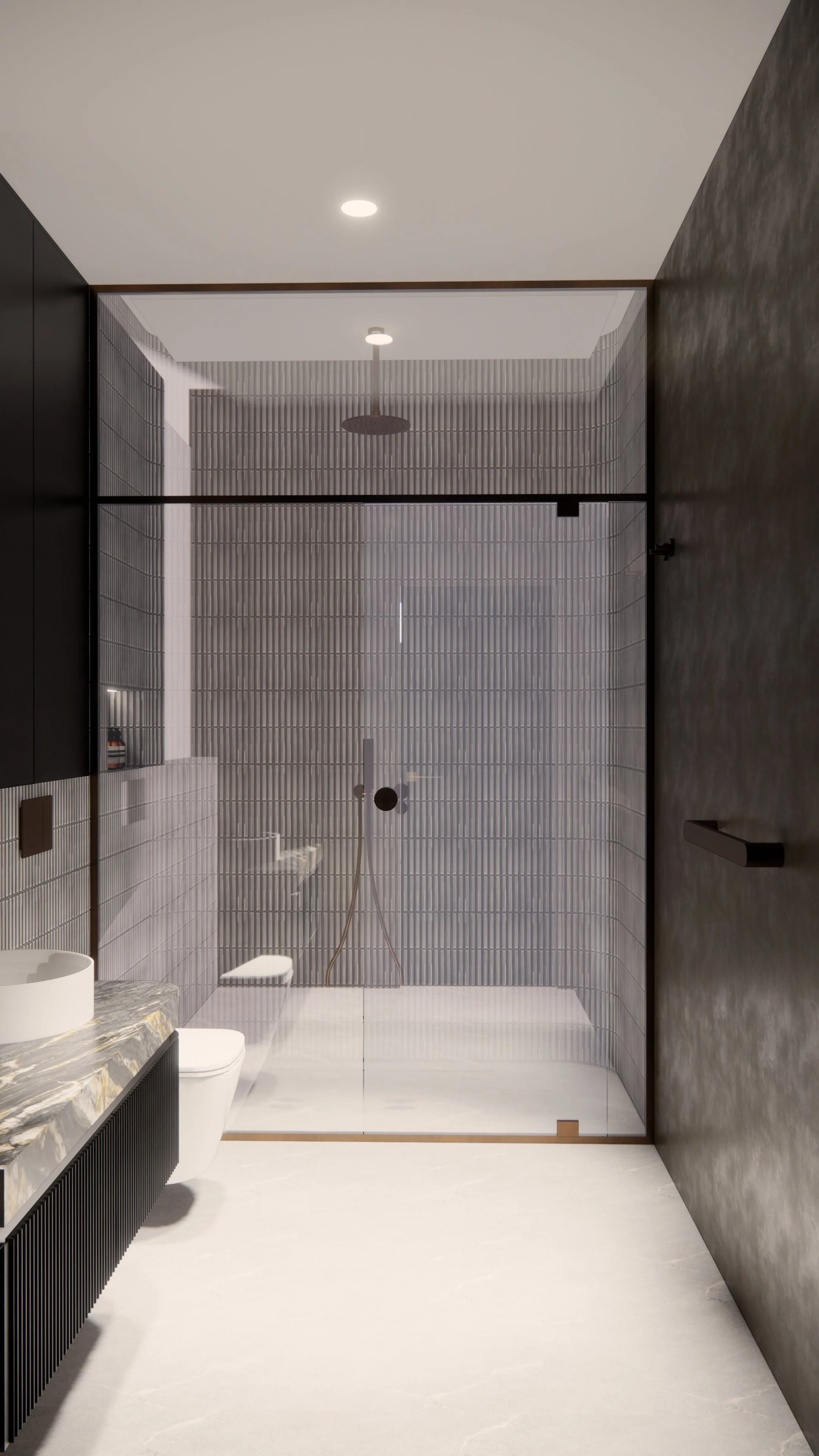 Modern powder room featuring curved dark, dramatic colour palette and brushed brass fixtures — Auriga Residence by TID Studio, Brisbane