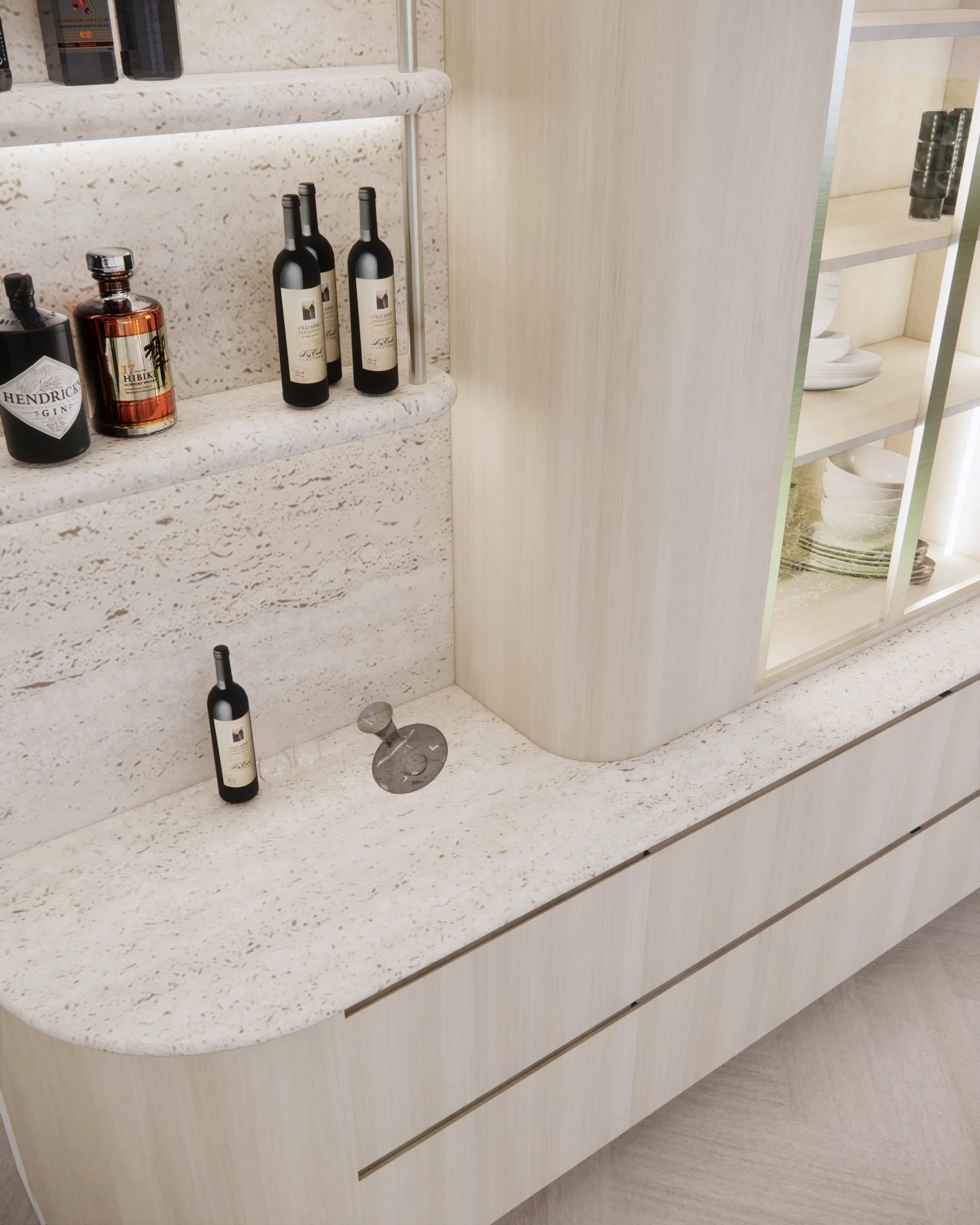 Minimal luxe bar area with textured stone, open shelves, and soft ambient lighting in Sydney