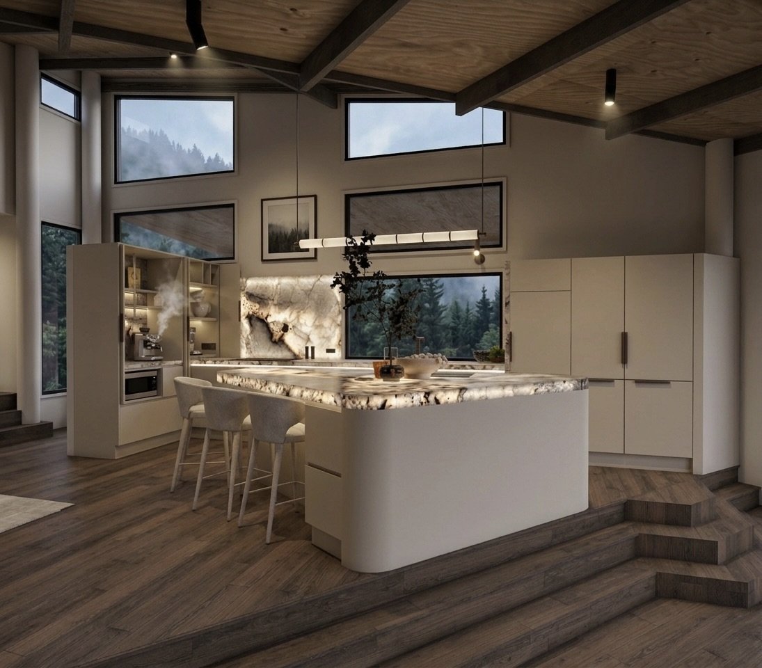 Contemporary timber kitchen with sculpted stone island overlooking mountain views — modern mountain chalet renovation, interior design by TID Studio
