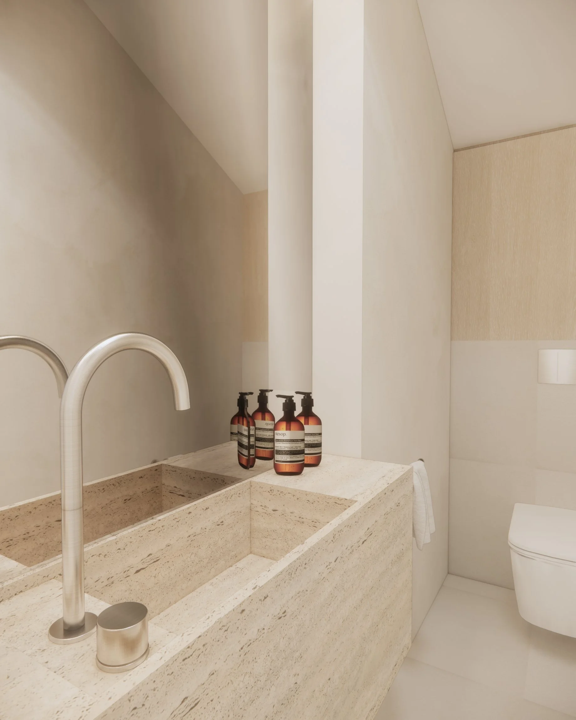 Concept sketch of a curved floating stone vanity with large mirror and wall-mounted tapware