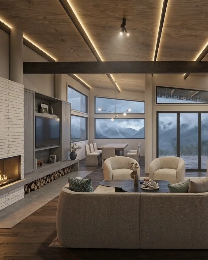 Sunken lounge with modern fireplace, timber wall cladding and curved seating — TID Studio modern mountain chalet renovation project