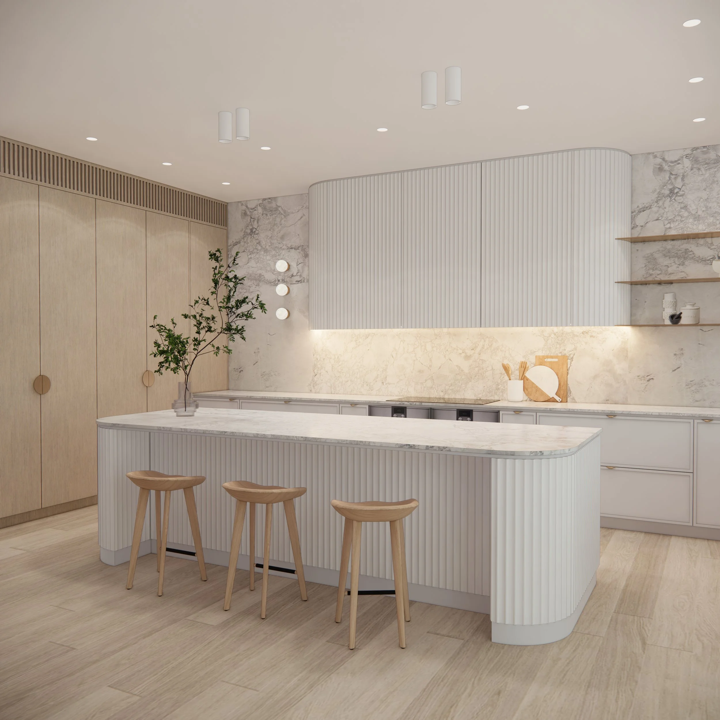 Modern coastal kitchen renovation in Brisbane with fluted island, walnut cabinetry, and brass details designed by TID Studio