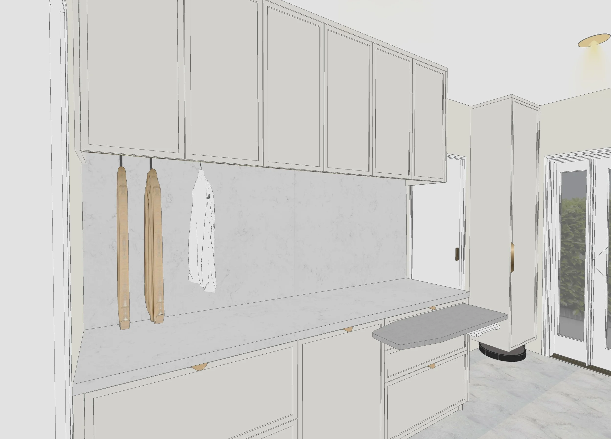 Laundry cabinetry and storage designed in light neutral tones