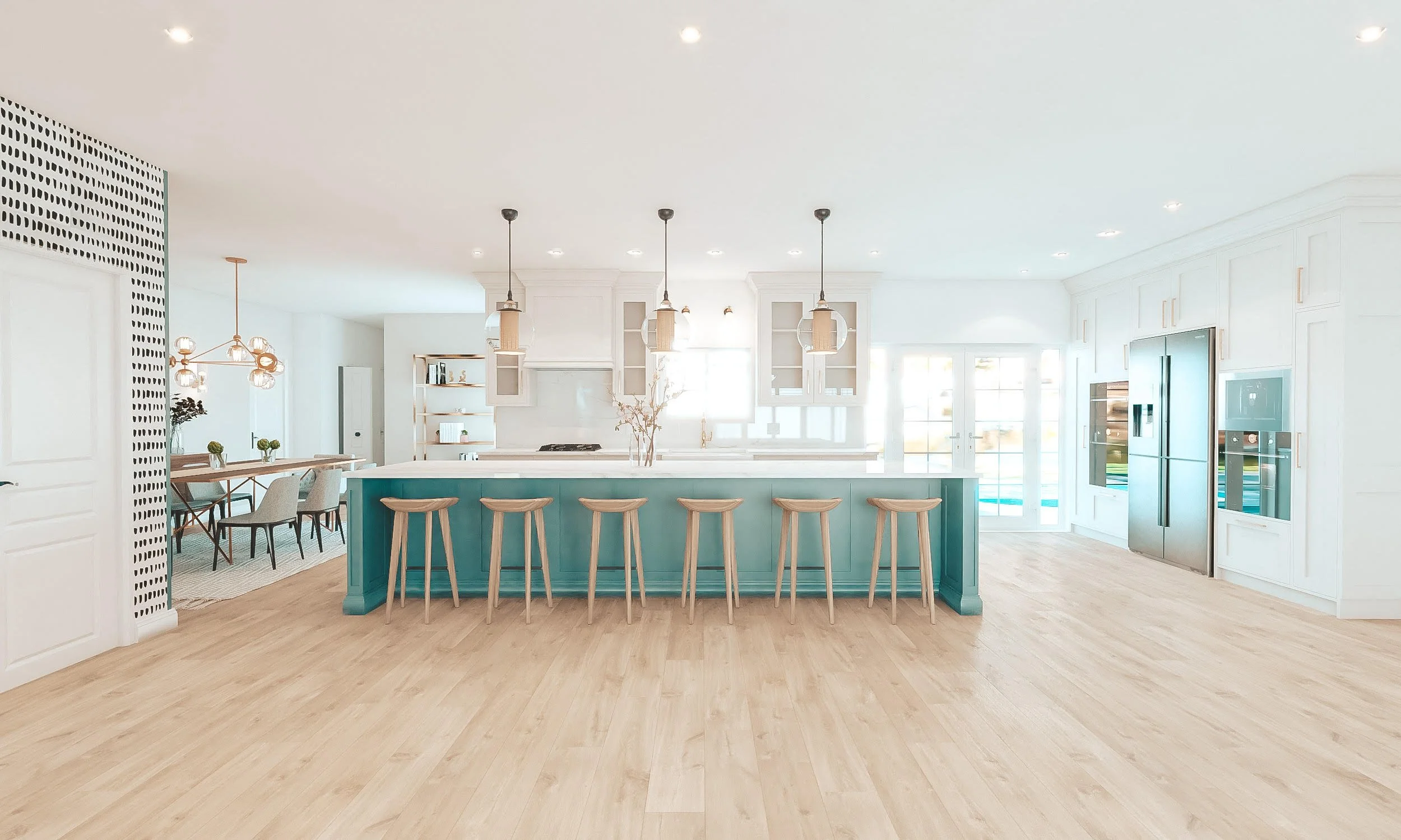 Hamptons-style open plan living room and kitchen with teal island and coastal decor, designed by TID Studio in Florida