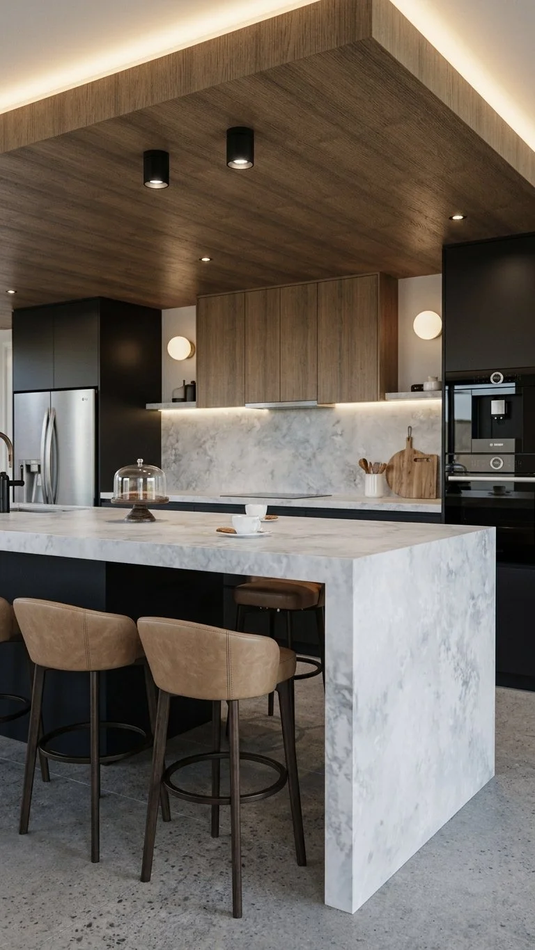 Modern black-and-oak kitchen design with stone island and timber ceiling feature — Brisbane interior design
