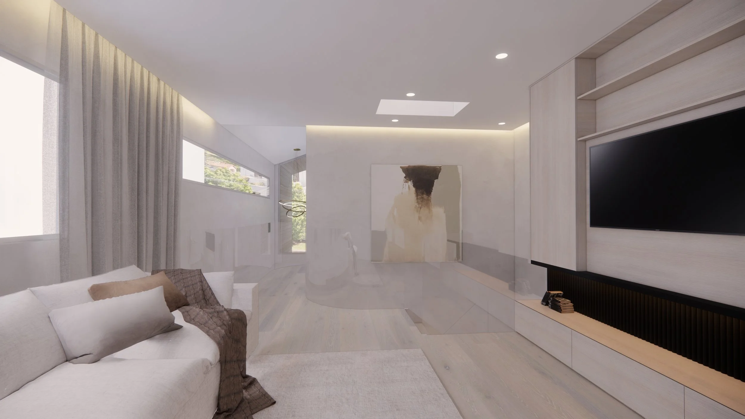 Minimal upper living room with soft plaster walls, light timber flooring and integrated storage — Auriga Residence by TID Studio, Brisbane