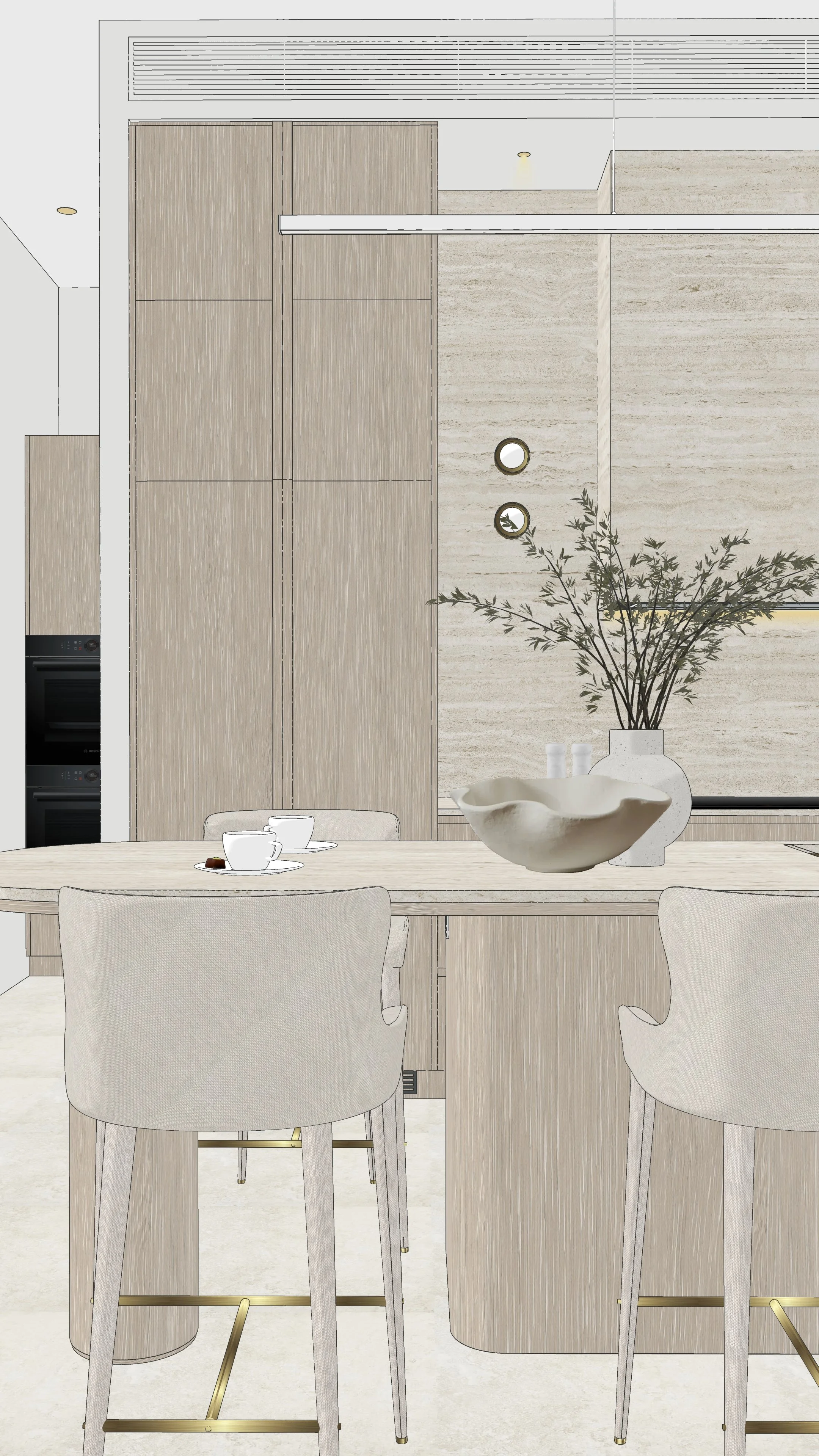Close-up of curved kitchen island with creamy stone benchtop and soft neutral palette