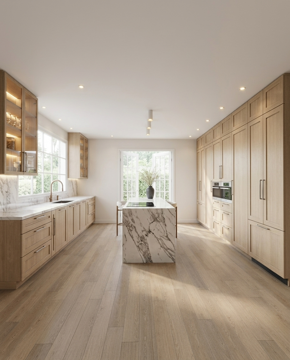 Modern farmhouse kitchen with oak cabinetry, natural stone island and brushed brass details designed by TID Studio in Brisbane