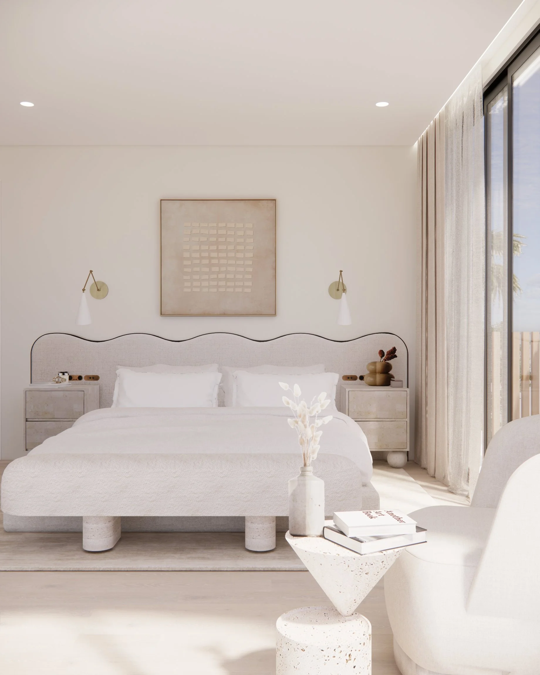 Soft neutral primary bedroom with custom curved headboard, sheer drapery, and warm minimal styling designed by TID Studio in Sydney