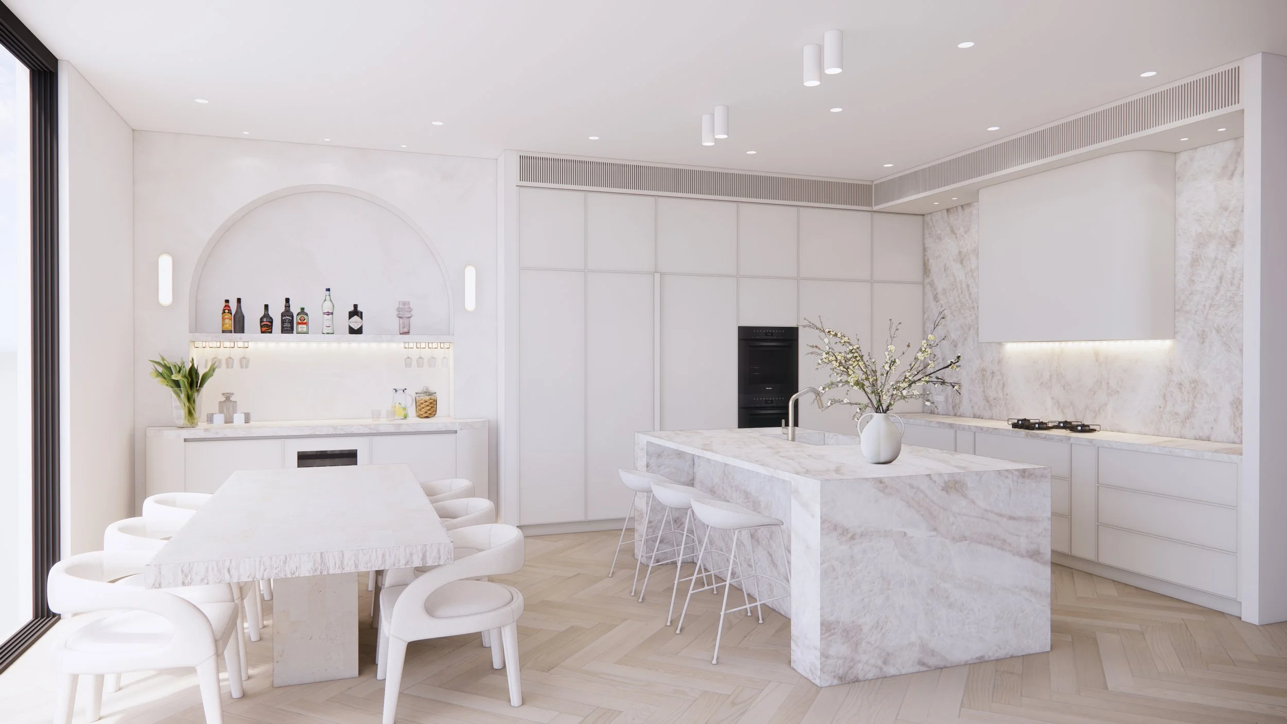 Minimal luxe Melbourne kitchen with stone island and full-height cabinetry by TID Studio
