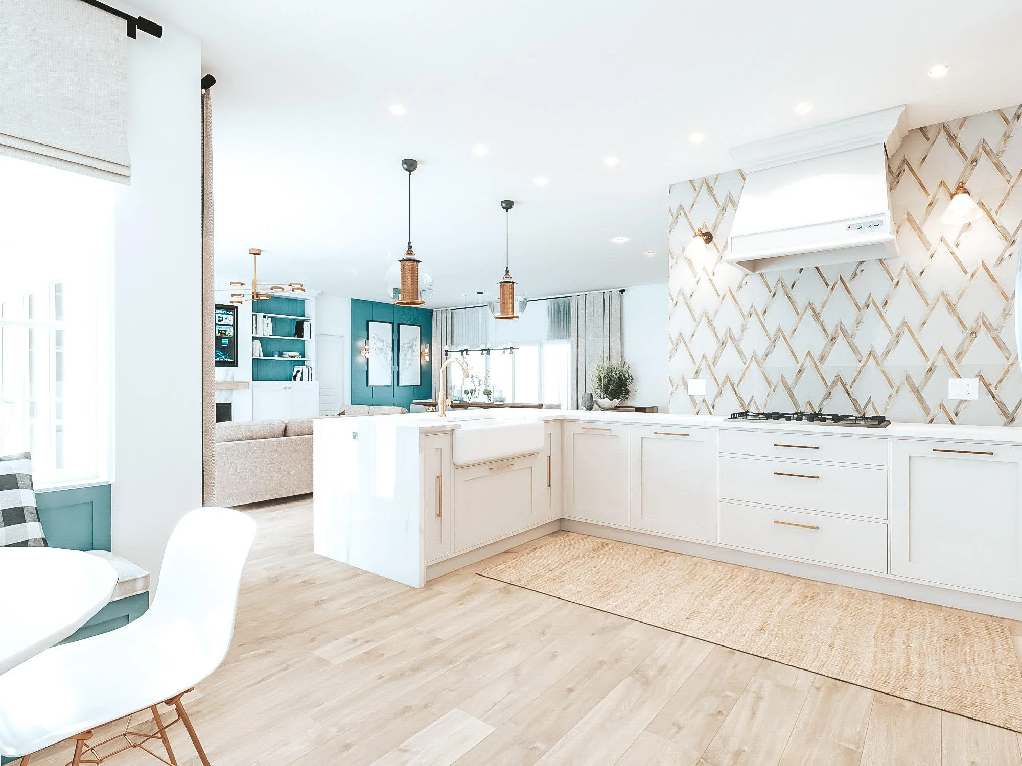 Bright Hamptons-inspired kitchen and living room with oversized island and timber floors