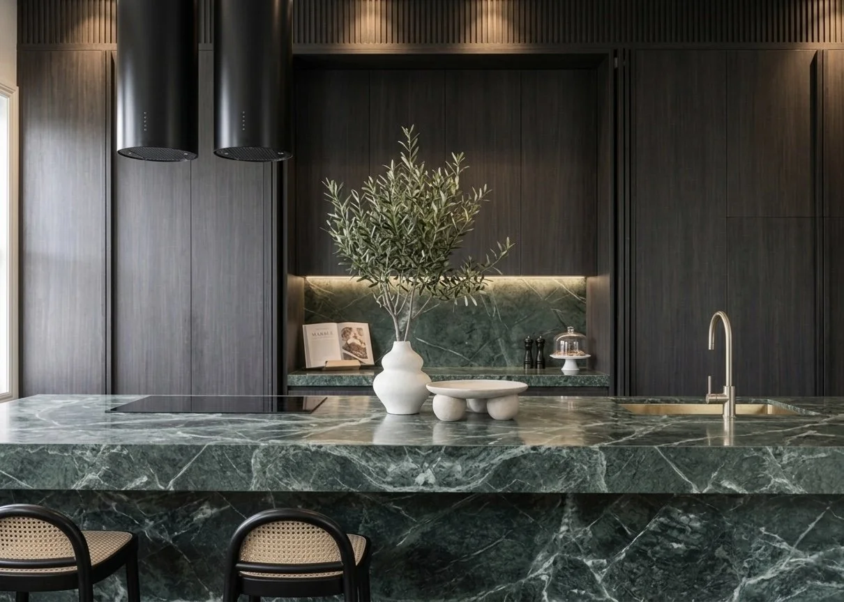 Contemporary kitchen with dramatic green marble island and dark joinery in renovated Sydney terrace