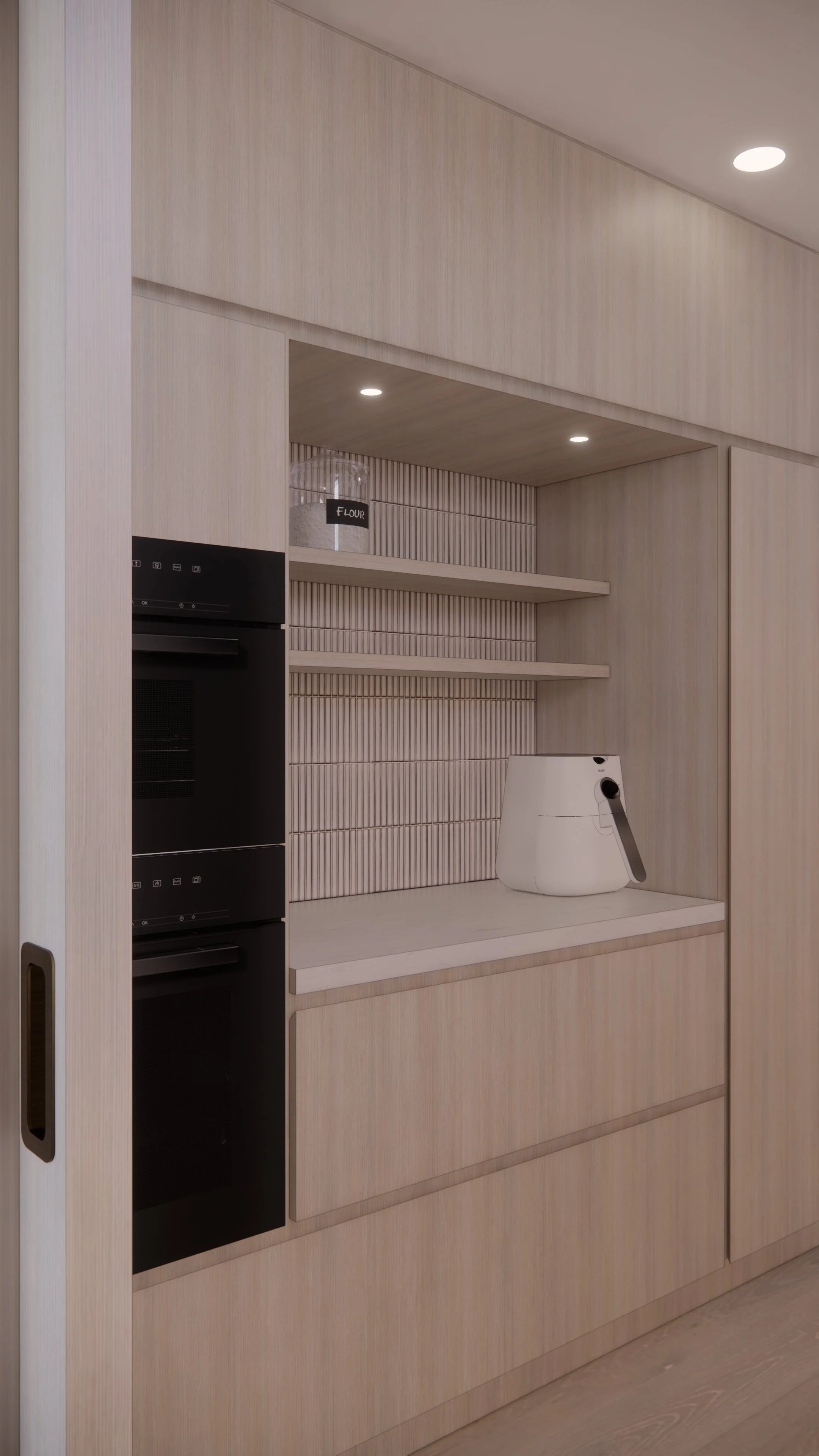 Modern coastal kitchen featuring adjacent butler's pantry, light timber cabinetry and neutral palette — Auriga Residence by TID Studio, Brisbane